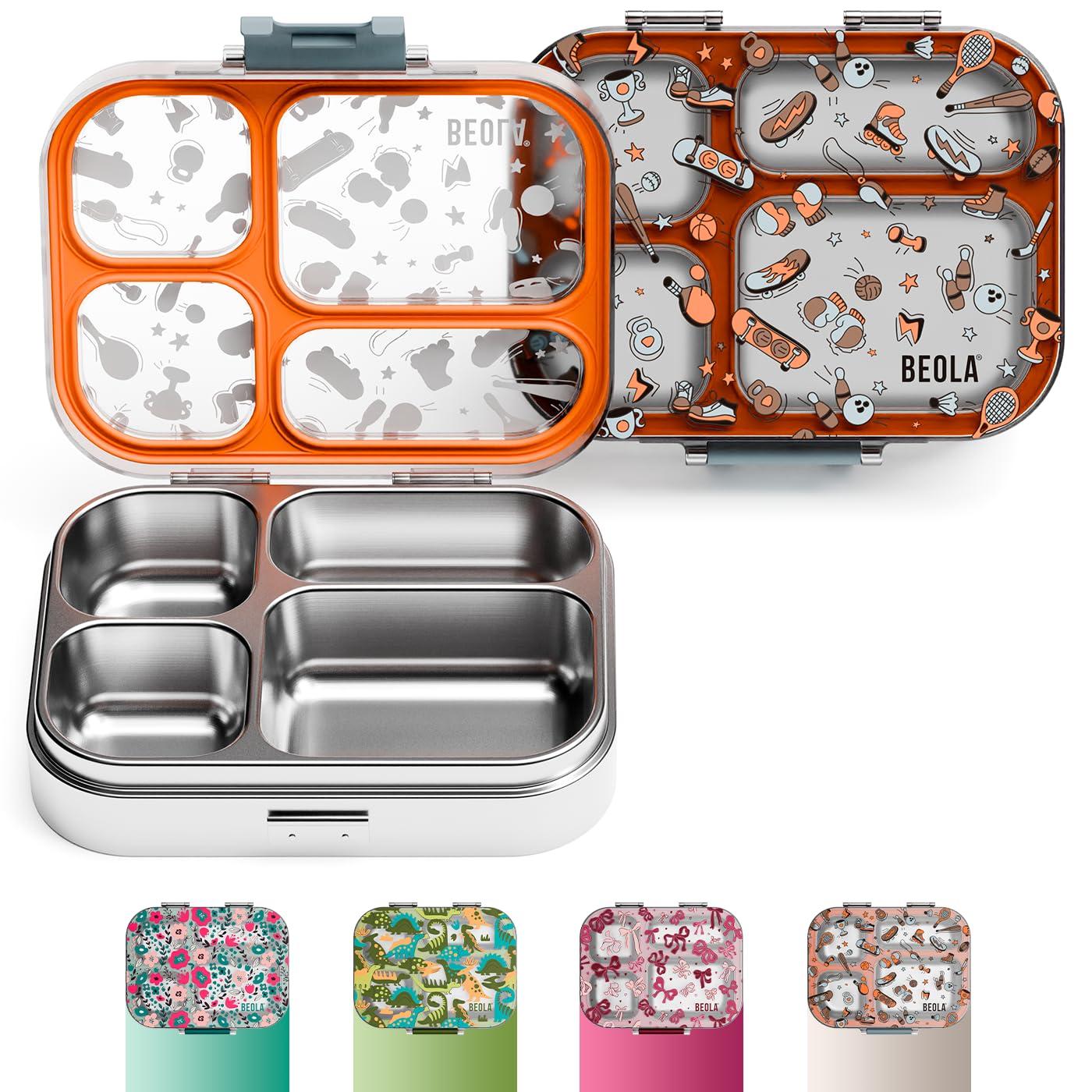 BEOLA Stainless Steel Lunch Box for Kids School, 4 Compartment Bento Box for Kids, BPA Free Tiffin with Lid, Leakproof Meal Container, Perfect as Snack Box, Lunchbox for Boys (Sports Day)