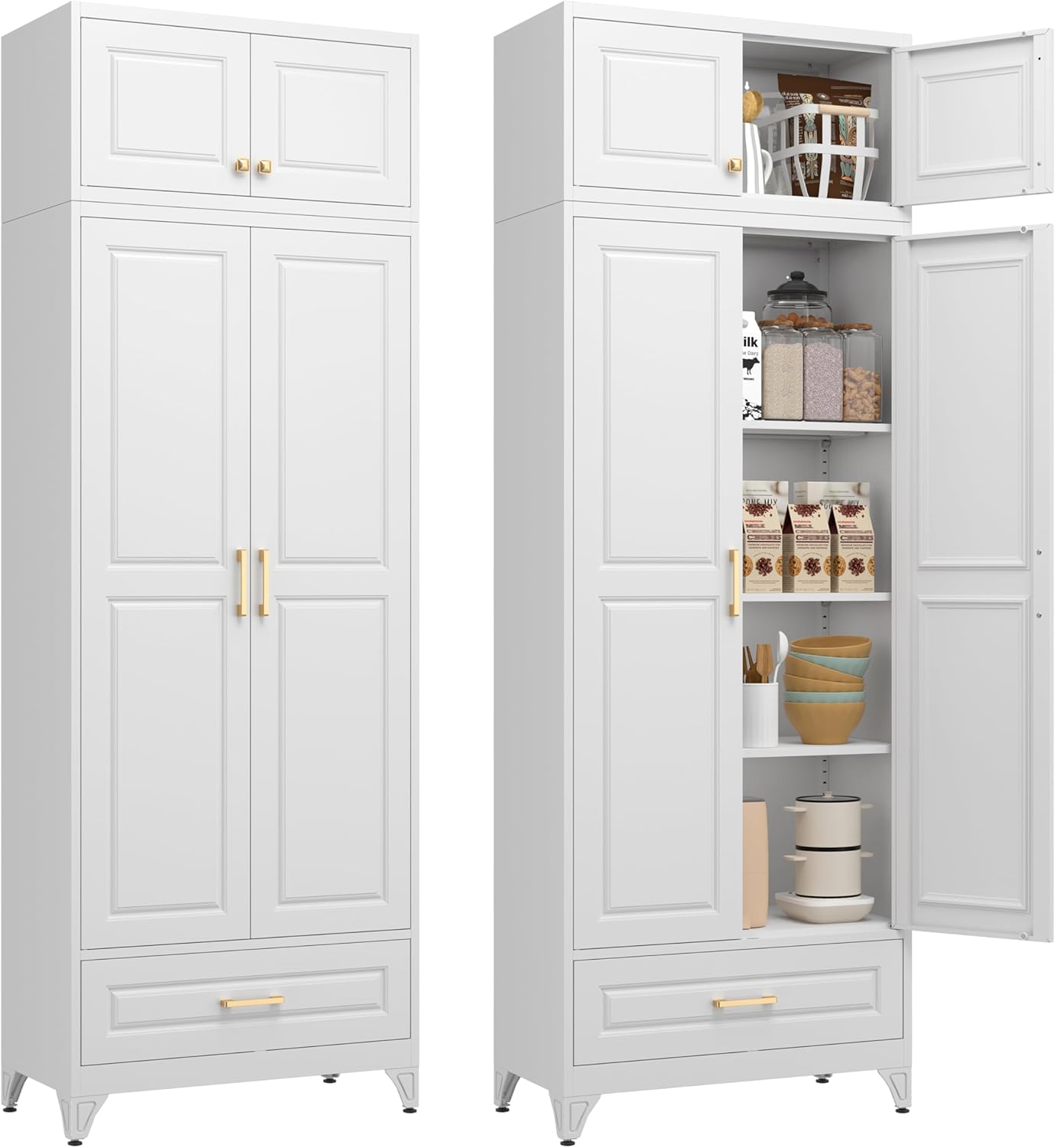 Polup Kitchen Pantry Cabinet, Metal Storage Cabinet with One Drawer, 90" Tall Pantry cabinets with Doors and Shelves, for Living Room, Dining, White,16" D x 32" W x 90" H, Assembly Required
