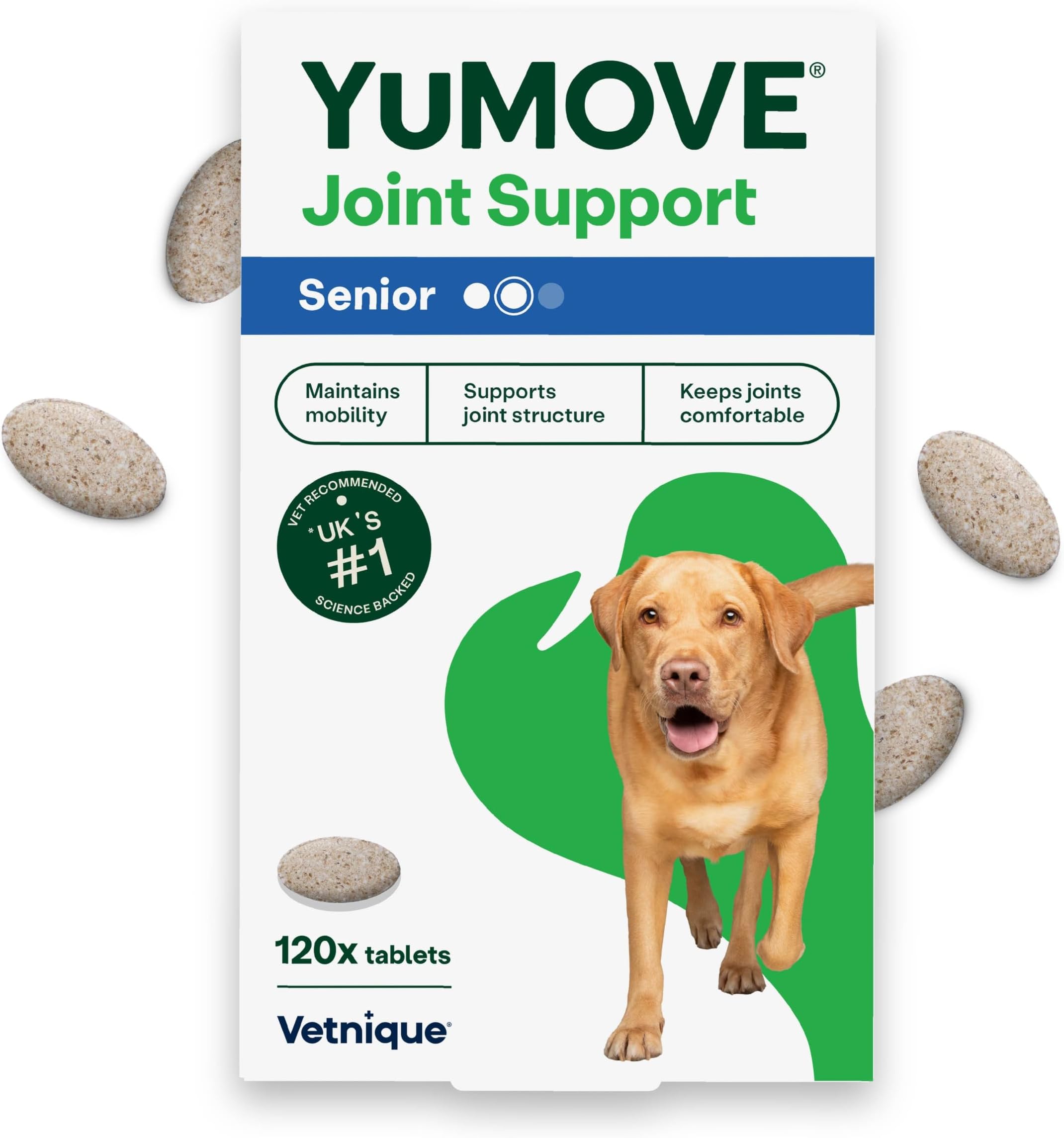 Senior Dog Joint Supplement, Essential Hip & Joint Support for Older Dogs with Glucosamine, Chondroitin, Green Lipped Mussel, Aged 8+, 120 Tablets, Packaging May Vary
