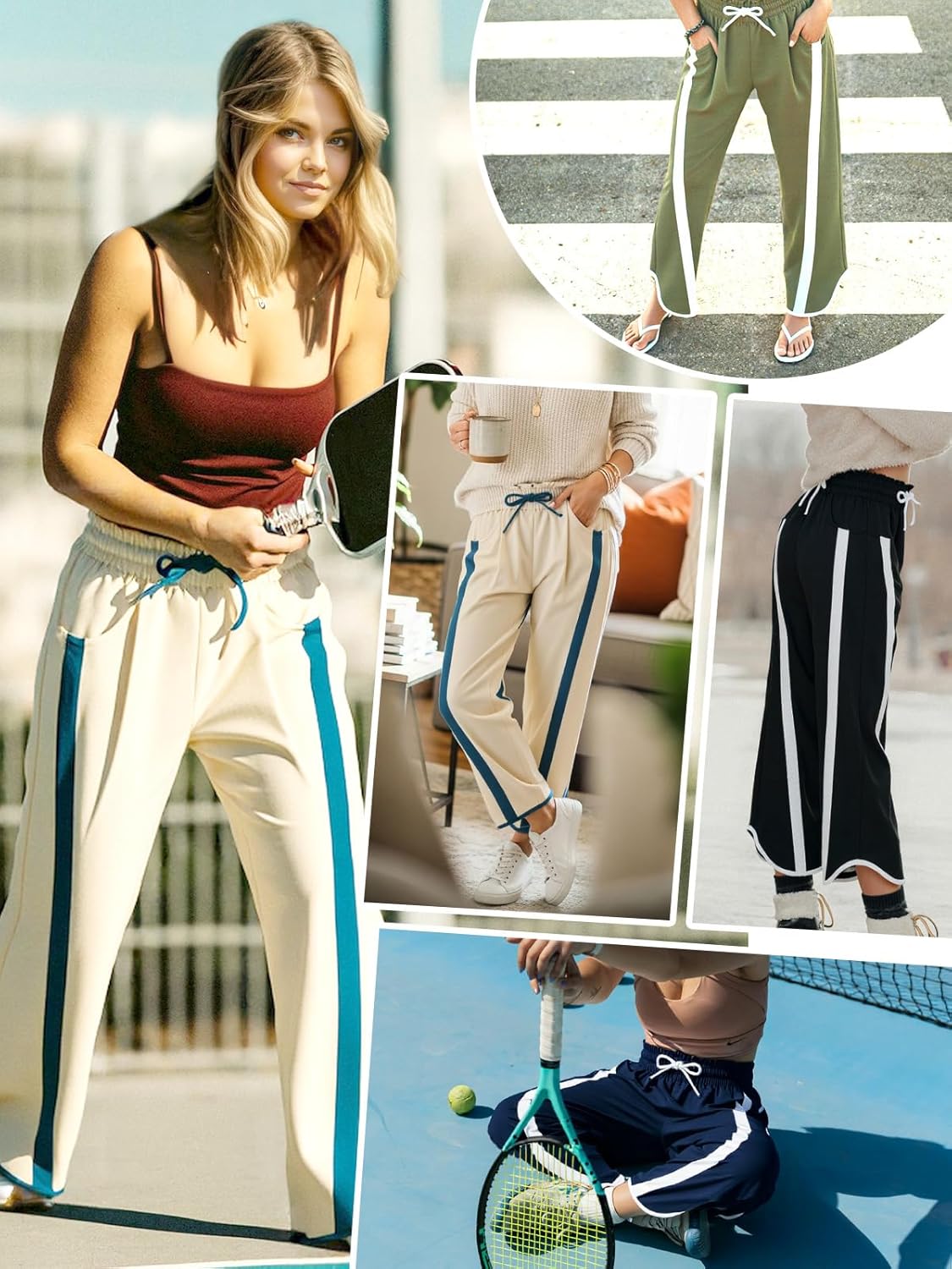 Sweat Pants for Womens Wide Leg Pant Casual Drawstring Elastic Waisted Striped Workout Track Pants with Pockets - Image 4