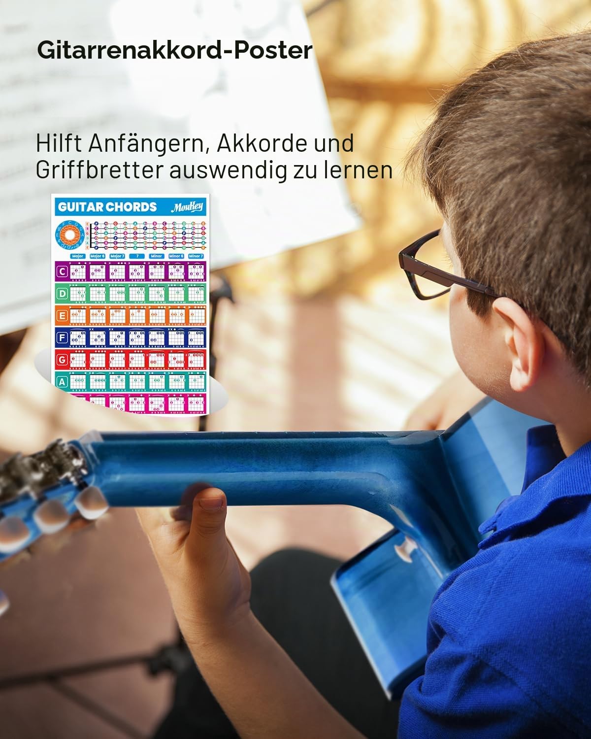 Moukey Akustikgitarre für Anfänger, Kinder, Jugendliche, Erwachsene, Cutaway-Gitarre, Acustica-Kit mit Akkord-Poster, Gigbag, Stimmgerät, Plektren, Nylonsaiten, Kapodaster, Gurt, Blau