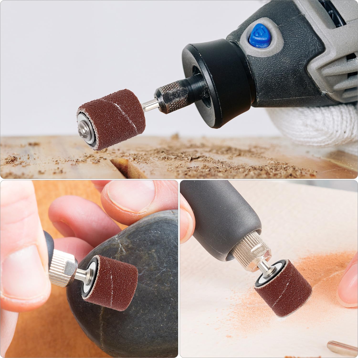 QWORK® 132 Piezas Tambores de lijado, 120 bandas de lija en diferentes tamaños y 12 rodillos de lija, compatible con Dremel herramientas rotativas