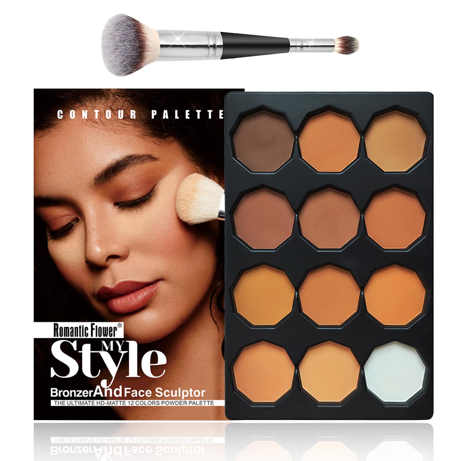 Contour Palette, poudre anti-cernes contouring 12 couleurs avec pinceau à double tête, cadeaux de maquillage pour femmes, C