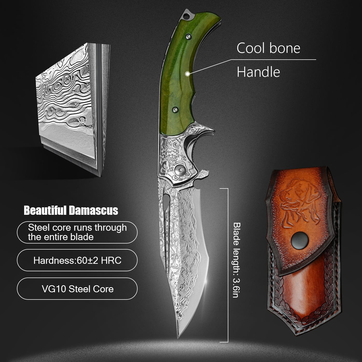 SPIRIT DEED Damascus Steel Folding Knife, 3.6 '' VG10 Sandwich Damascus Steel bone Handle with Pocket Clip, for Camping and Travel EDC