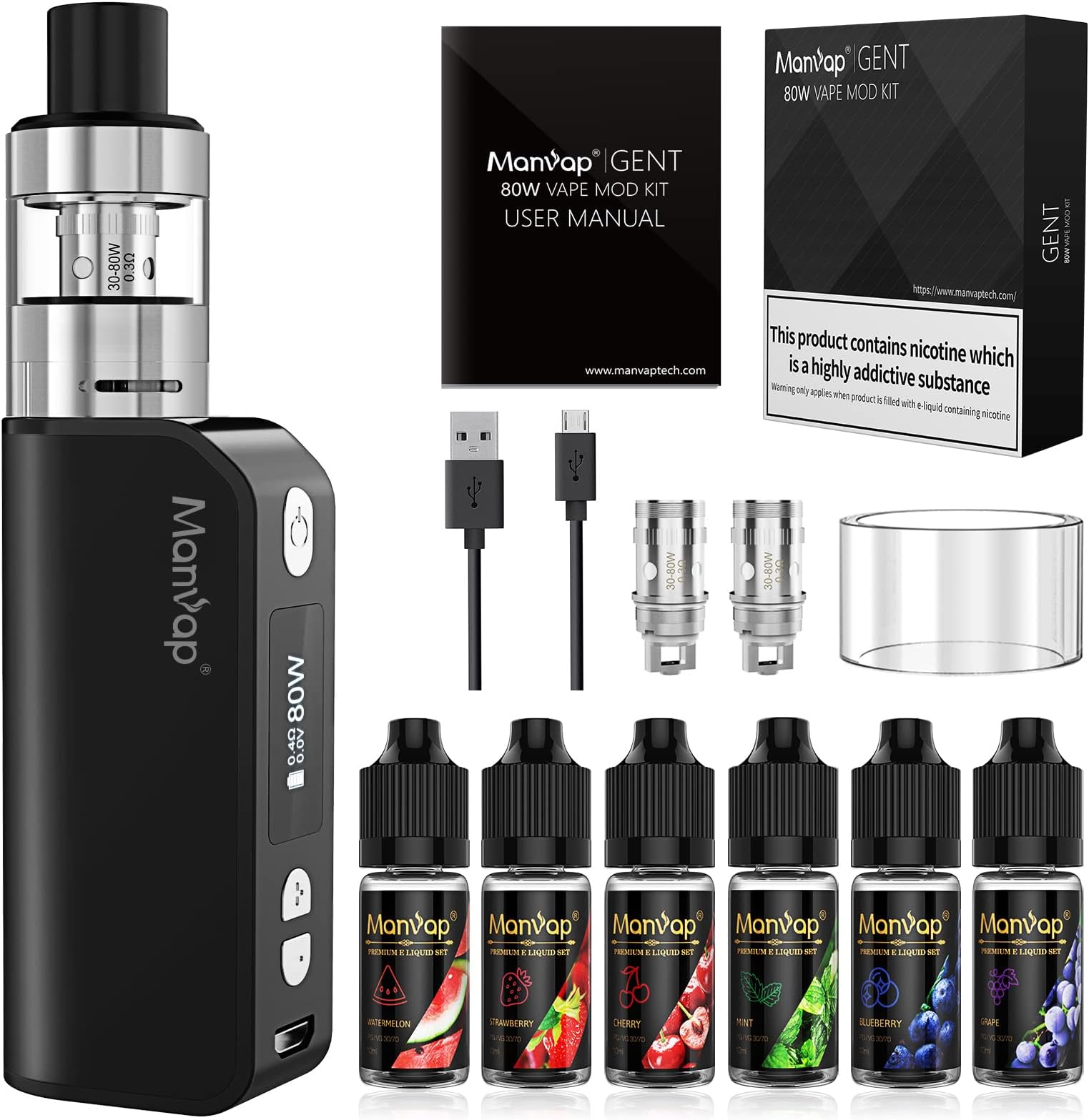 MANVAP Vape Kit E Cig 80W Vape Starter Complete Kit with 2200mAh Rechargeable Battery,0.3Ohm Resistance，2ml Top Refill Tank, 10ml x 5 Flavors Mint E-Liquid, No Nicotine 0mg (Black)