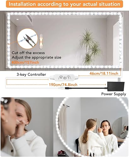 Miniatura 2 de Daymeet Luces LED de tocador para espejo, kit de luces LED de espejo de tocador de 13 pies, color regulable y fuente de alimentación, brillo