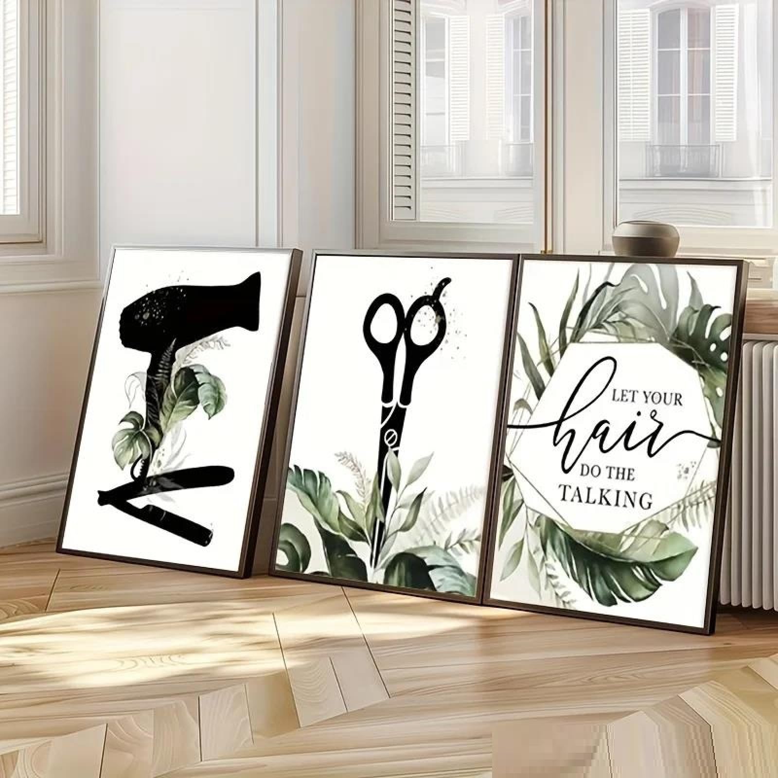 Baibexing Minimalist Beauty Salon With Hair Clippers, Scissors & Let Your Hair Talk Quotes Canvas Painting Poster Prints Wall Art Picture 50X70Cmx3Pcs Unframed