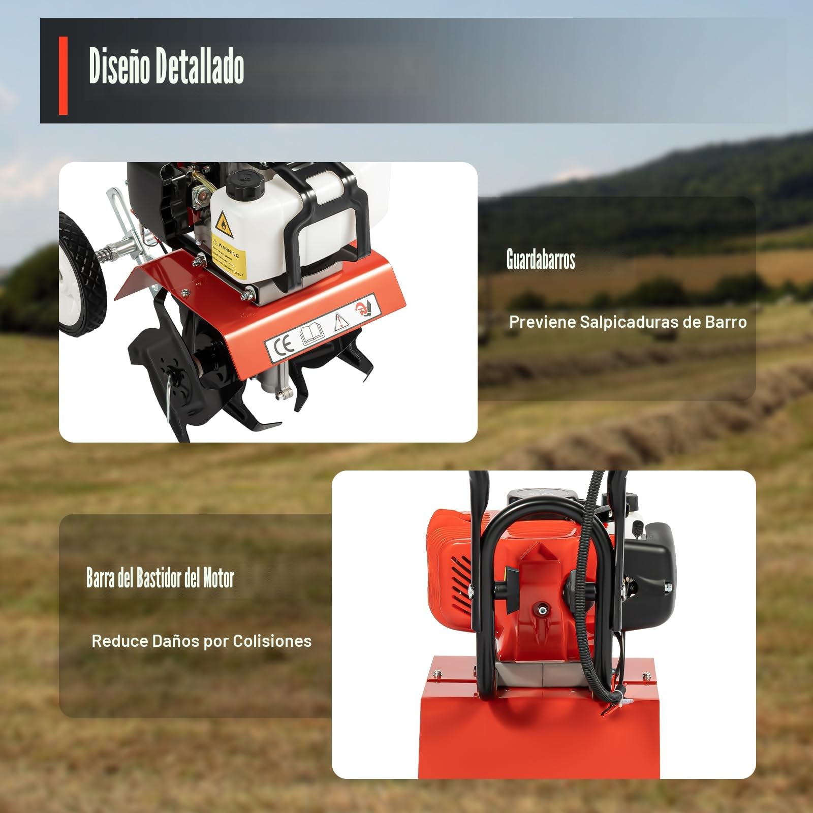 Motorhacke a gasolina 52CC | Fregona de suelo, fresadora de jardín con motor de 2 tiempos de 1700W (2,3CV) | Ancho de trabajo de 30 cm | Profundidad de trabajo de 3-12 cm | 4 cuchillas de acero |