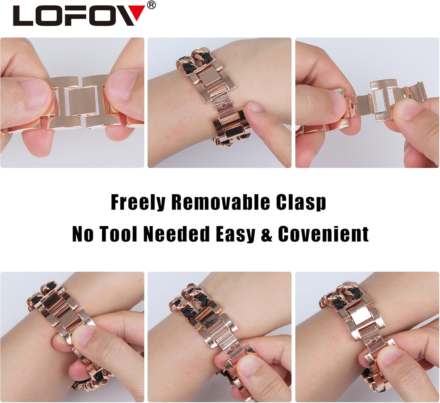 Compatible With Apple Watch Band for Woman 42mm 44mm 45mm 49mm,Metal Strap Leather Over Gold Chain Cowboy Style Replacement iWatch Series 9 8 7 6 5 4 3 2 1 SE(Rose Gold Link with Black Leather) - Image 4