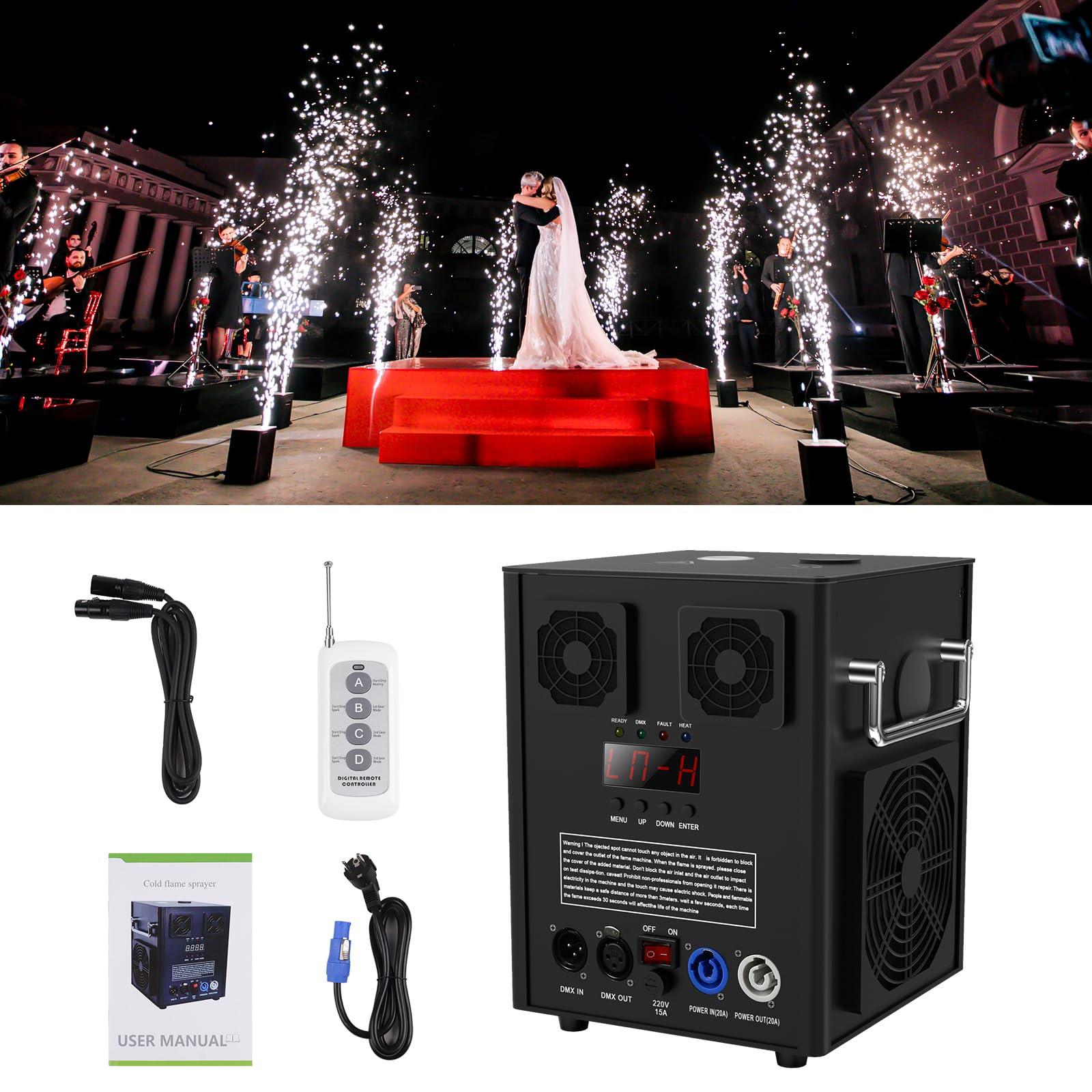 DMX Stage Fountain Sparkular Machine, 600 W negro máquina pirotecnica, efecto máquina para escenario con mando a distancia, para bares, fiestas, Halloween, Navidad, bodas, conciertos