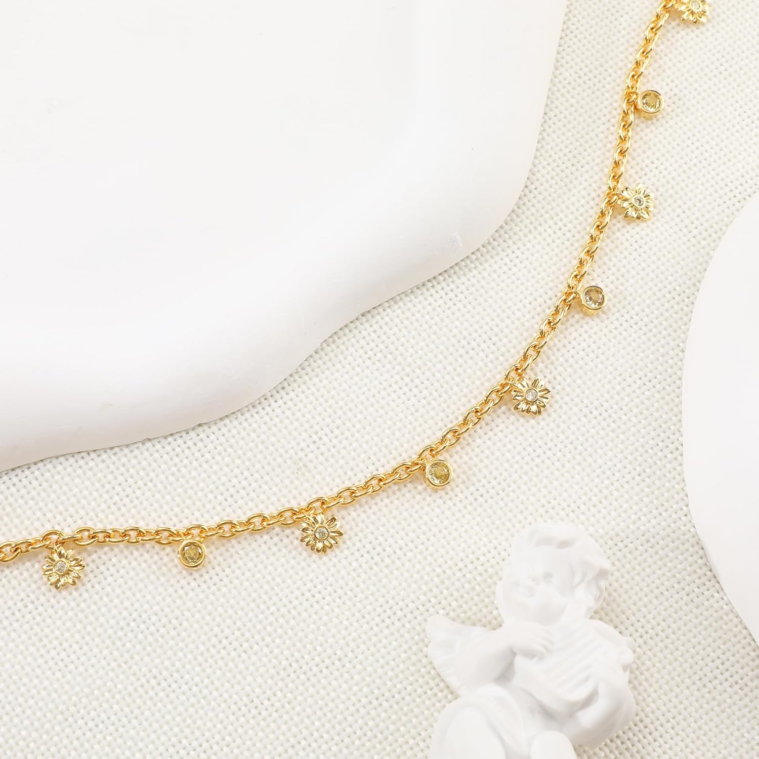 Gold Charm Necklace for Women 14K Gold Plated Dainty Round Cubic Zirconia Charm Choker Necklace Cute Star Love Heart Shell Daisy Cross Pendant Necklace Adjustable Trendy Party Jewelry Gift for Women - Image 3