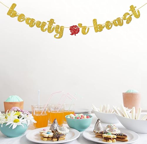 Miniatura 6 de Banner de bella o bestia, pancarta de baby shower, revelación de género, decoración de guirnalda de despedida de soltera, purpurina dorada