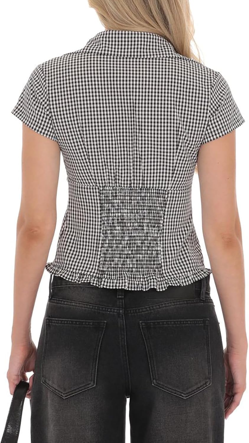 Women Y2k Striped/Plaid Button Down Shirt Collar Neck Slim Fit Top Short Sleeve Ruffle Trim Cinched Waist Blouse - Image 2