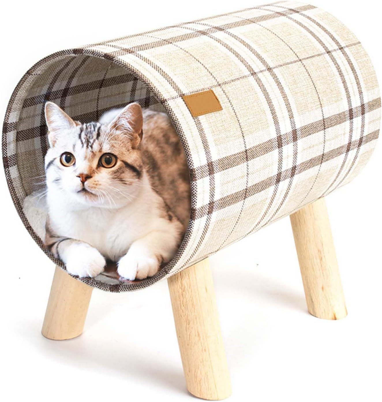 MINGZHE Cat Tunnel Bed with Wooden Legs Detachable Elevated Cat Tunnel Bed with Soft Cushion for All Seasons