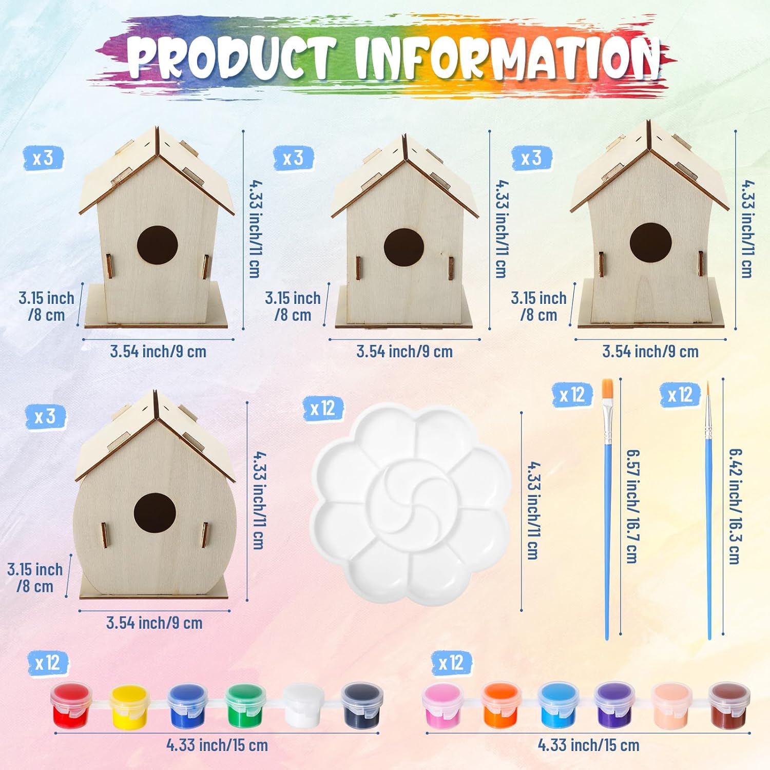 Briwooody 72 Pcs DIY Bird House Kits to Build and Paint, 12 Wooden Bird Houses 24 Acrylic Paints Strips 24 Paintbrushes 12 Palette for Spring Summer Arts and Craft Project Activity