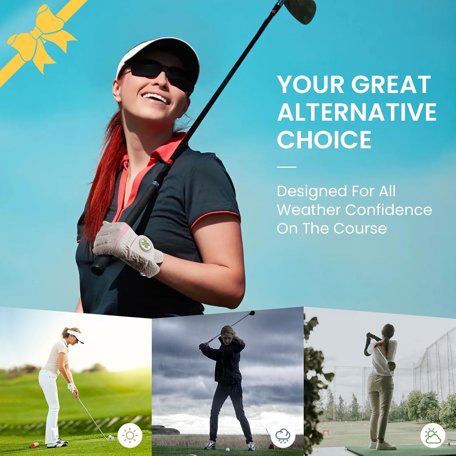 Womens Golf Glove with Clover Ball Marker 1 Pack, All Weather Grip Microfiber & Leather Gloves for Ladies, Comfortable Breathable Fit for Left Hand or Right Hand in White Pink - Image 4