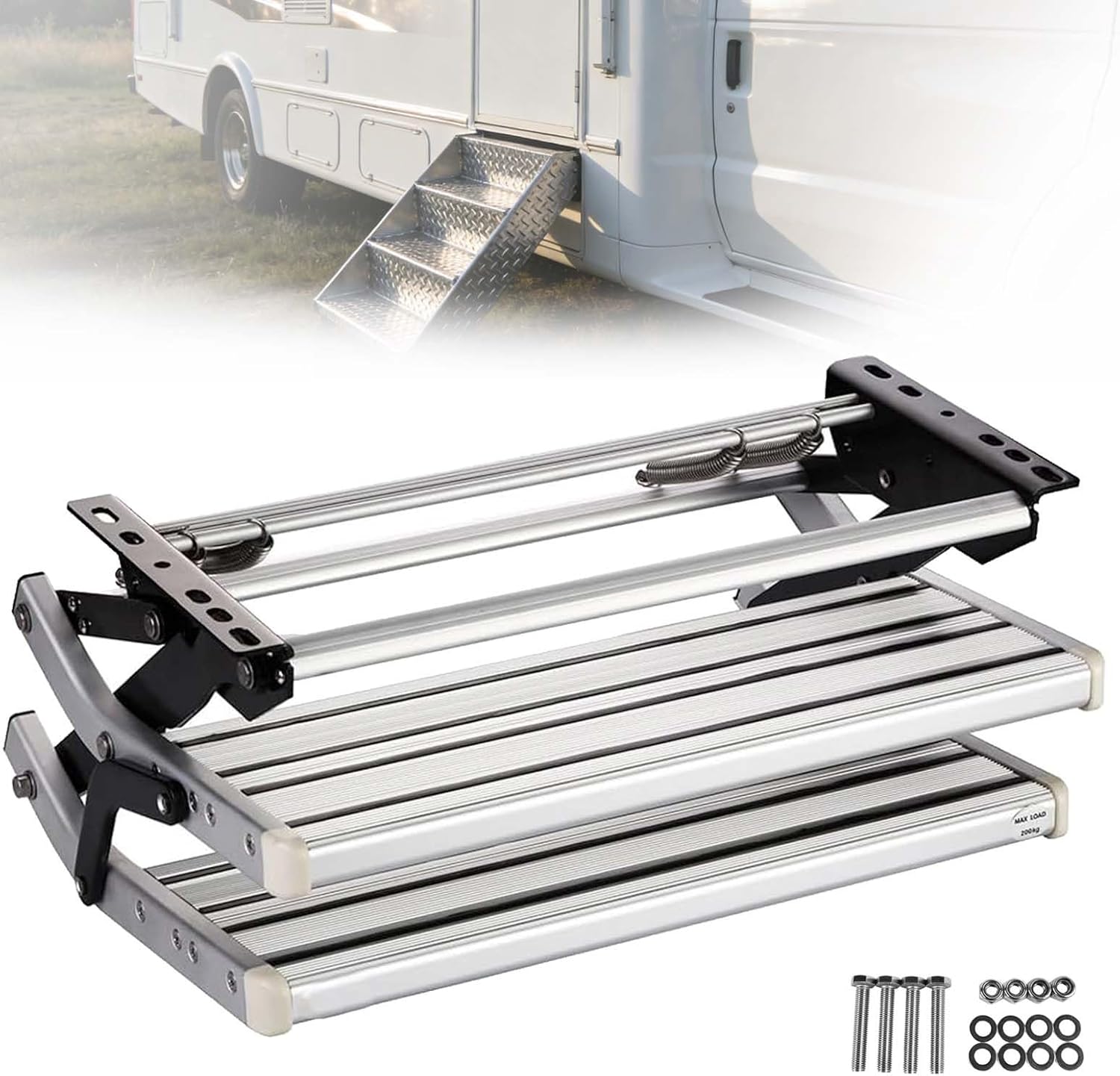 Manual RV Step, Manual Aluminum Alloy RV Folding Step Ladder, Maximum Load Capacity 440lbs, Non-Slip Step with LED Light, Fits RV Trailer Motorhome Camper(Double)