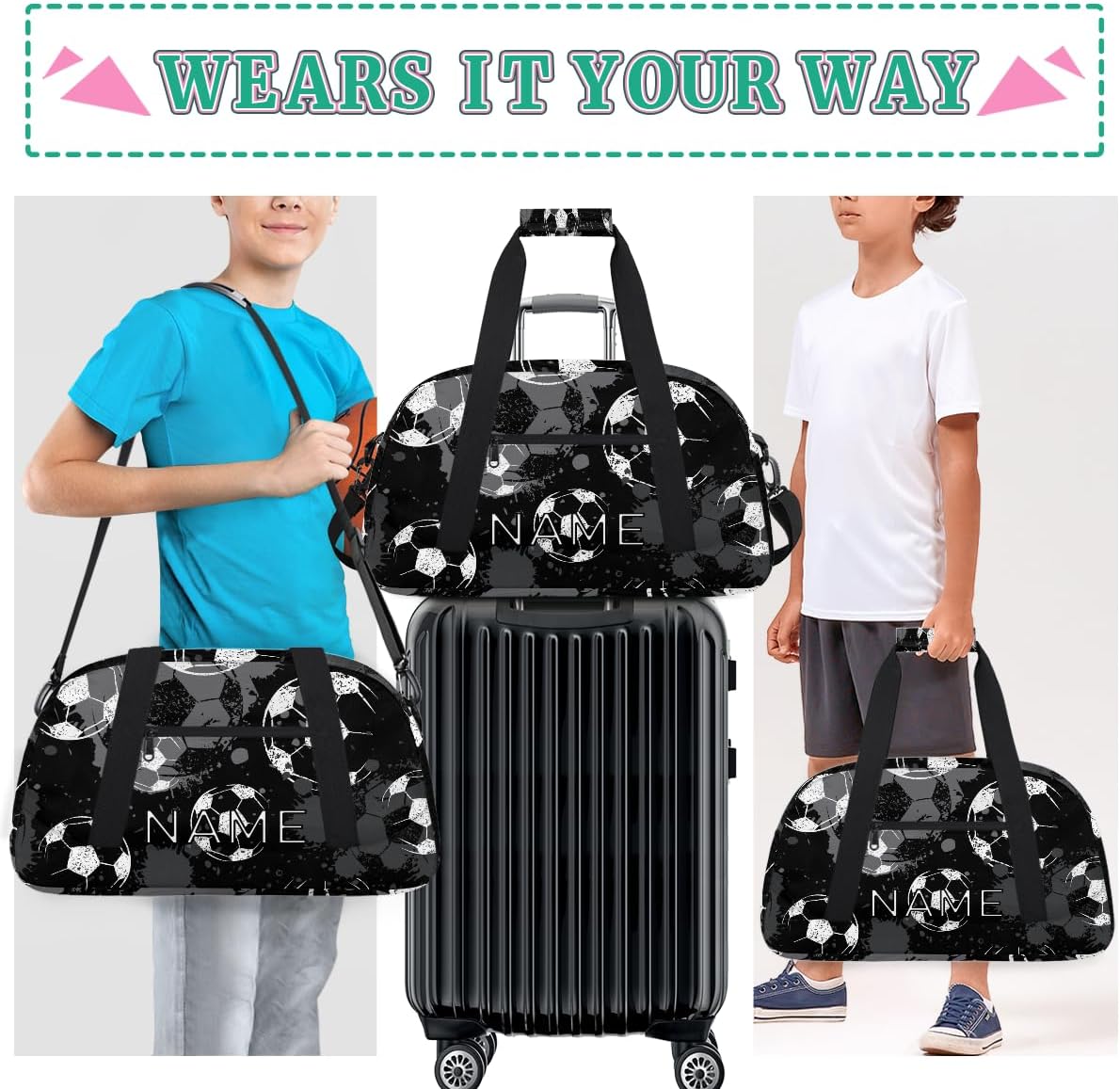 Personalized Kids Duffel Bag for Girls Boys Traveling Football Soccer Pattern Small Sport Gym Bag Custom Overnight Weekender Tote Bag Carry on Teen Dance Bag for Gymnastic Ballet