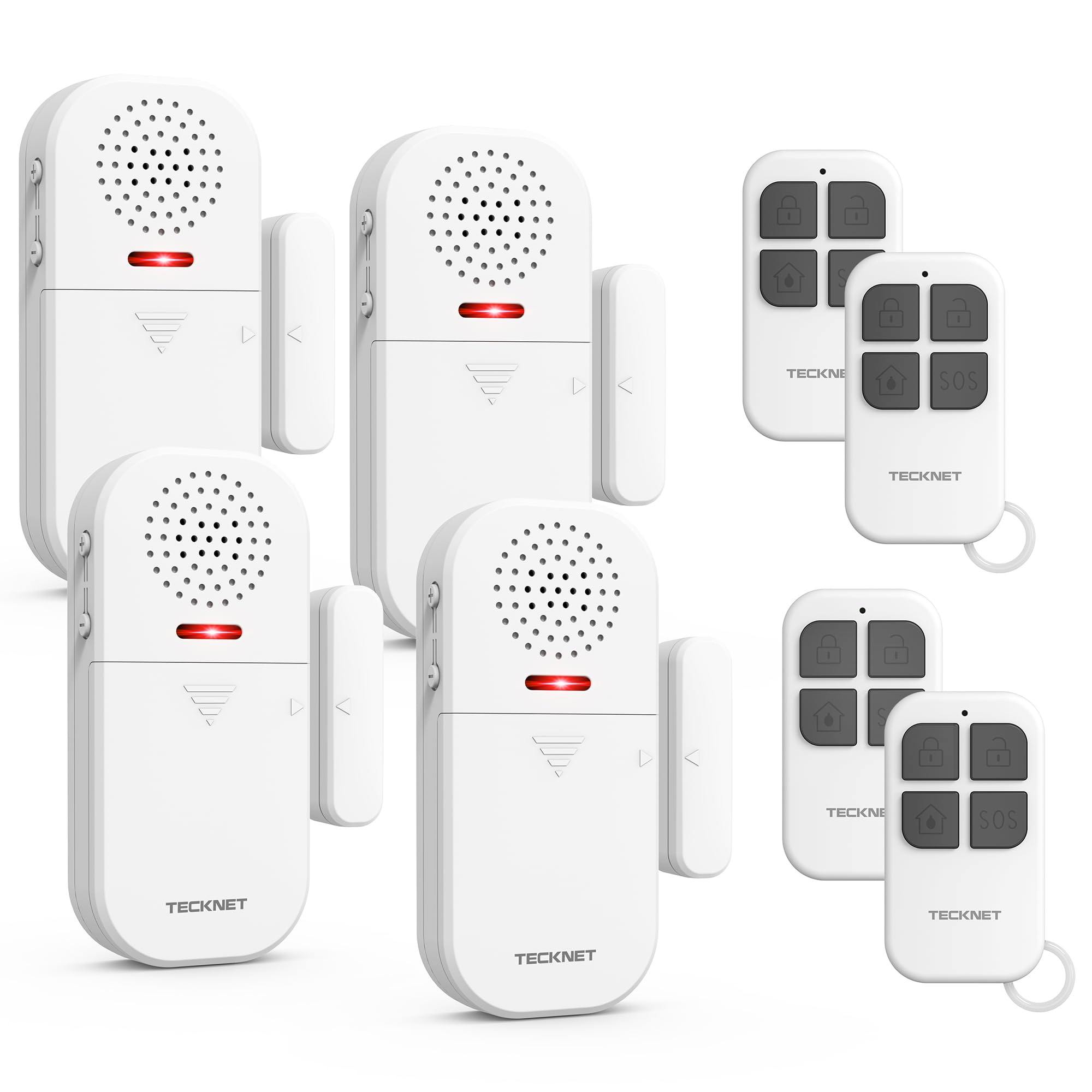 TECKNET Alarma para Casa Inalámbrica, Alarma Casa con Mando a Distancia, Sensor Apertura Puerta con 4 Modos y 5 Niveles de Volumen, 2 en 1 Alarma y Timbre para Hogar, Tienda, Hotel (4PCS)