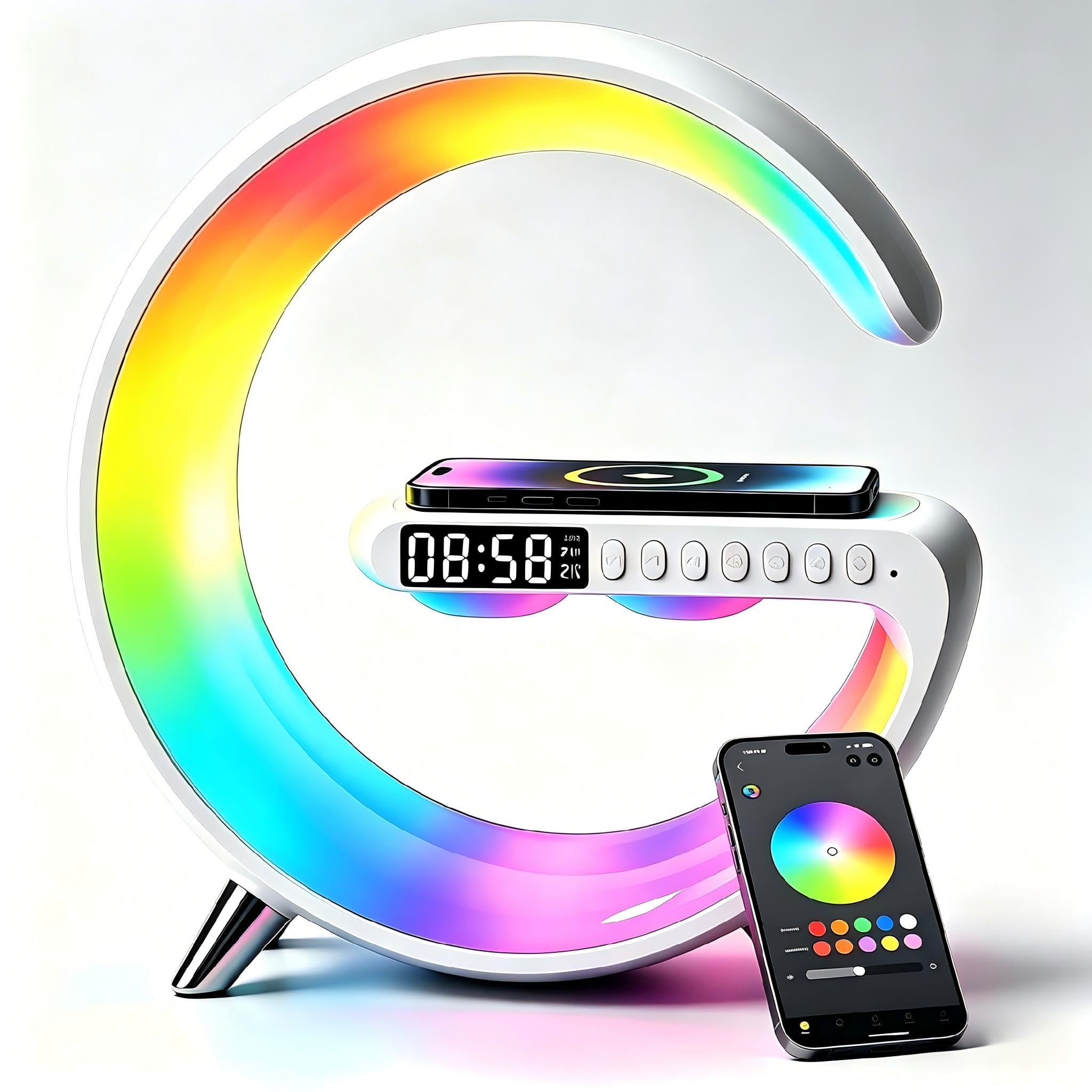 5 in 1 LED Table Lamp with Wireless Charging Bluetooth Speaker | App Controlled Night Light Alarm Clock for Kids Christmas Birthday Gifts for Teens Adults Desk Office Bedroom Decor