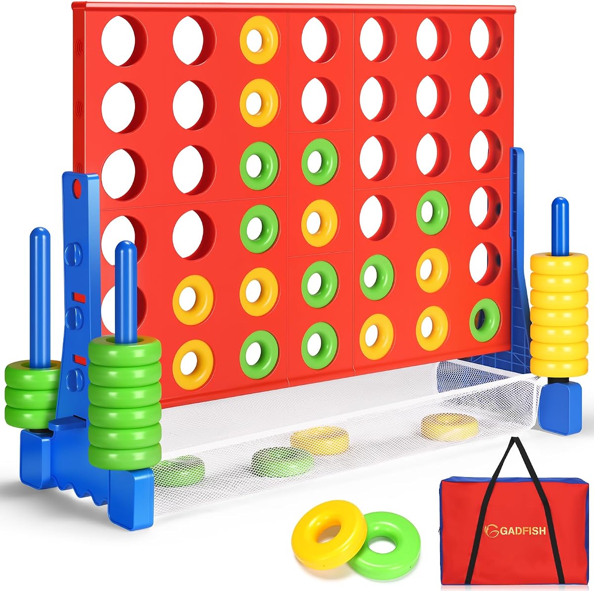 GADFISH Giant 4 in A Row - 2.6 FT Tall Outdoor 4 in A Row Perfect for Indoor & Outdoor Use, 4-to-Score Giant Game Set for Kids & Adults, with 42 Jumbo Rings & Quick-Release Slider (Red & Blue)