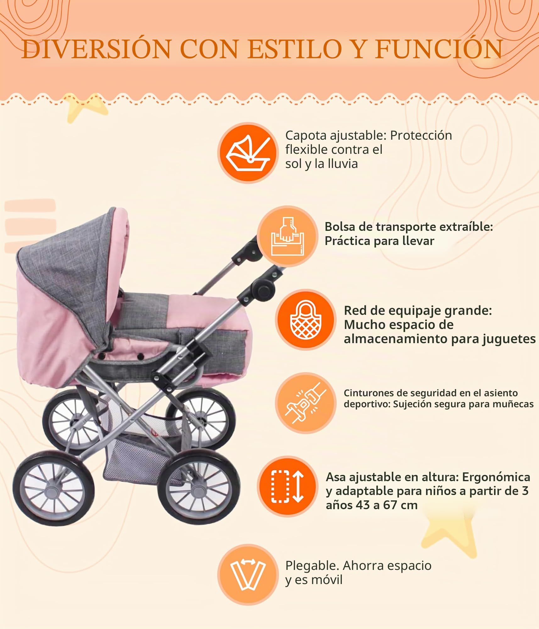 Cochecito para muñecas Leni, 2 en 1 con Bolsa de Transporte extraíble, Color Gris y Rosa