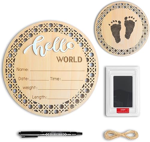 Letrero de anuncio de nacimiento de bebé con rotulador, letrero de madera para recién nacido con almohadilla de tinta para manos y huellas del bebé,