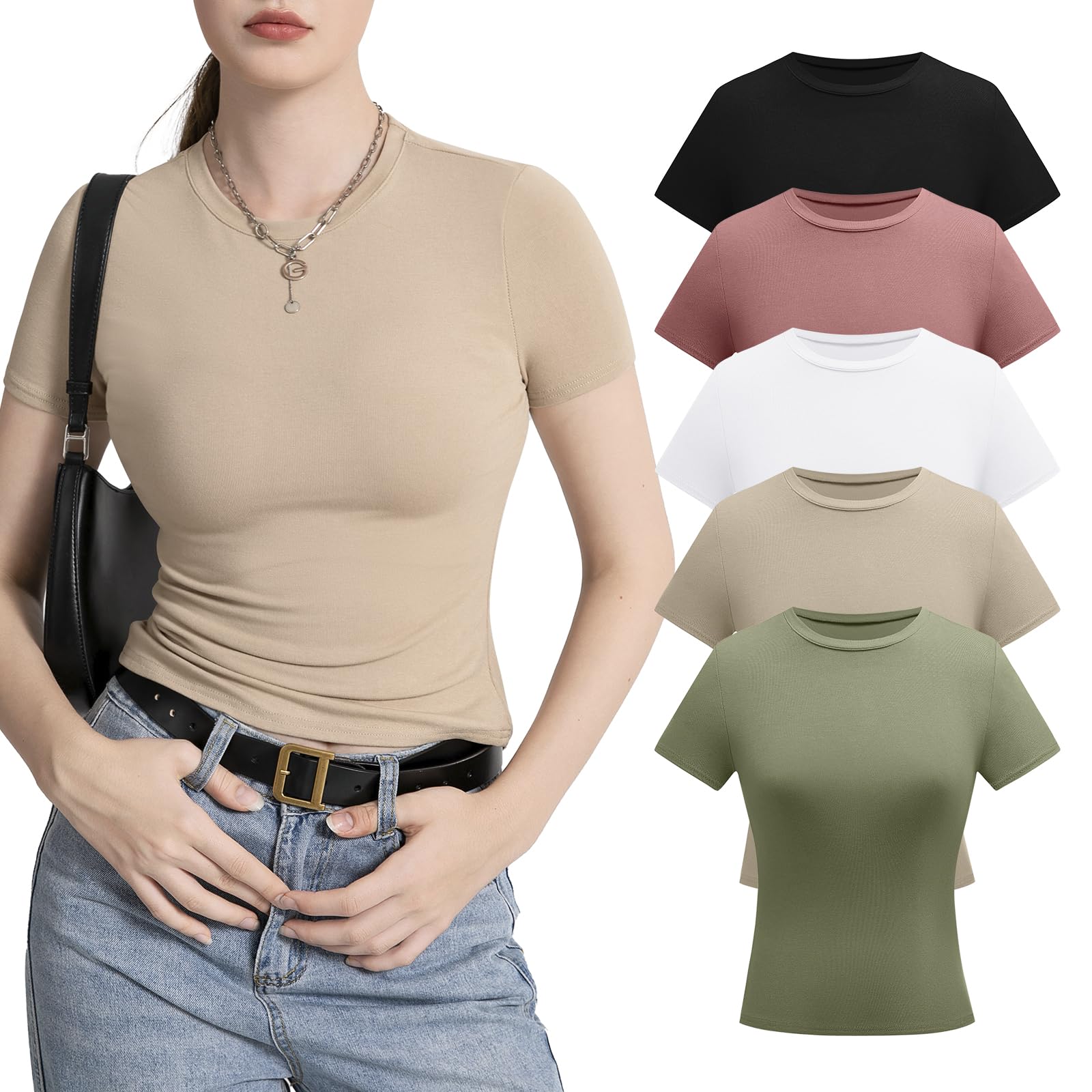 INIBUDWomens Short Sleeve Shirts Tight Fitted Tee Basic Crew Neck T Shirts Slim Y2K Crop Tops 5 Pack Summer
