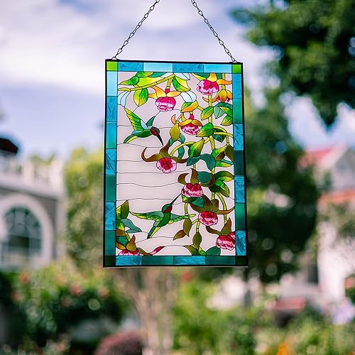 Miniatura 5 de VEWOGARDEN Atrapasoles de cristal artístico de pavo real de 10 x 15 pulgadas de alto, pintado a mano, decoración de panel con cadena