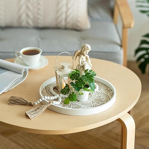 Miniatura 5 de Hanobe Bandeja decorativa de madera redonda bandeja de mesa de café rústica con guirnalda de cuentas de madera, decoración de bandeja de granja,