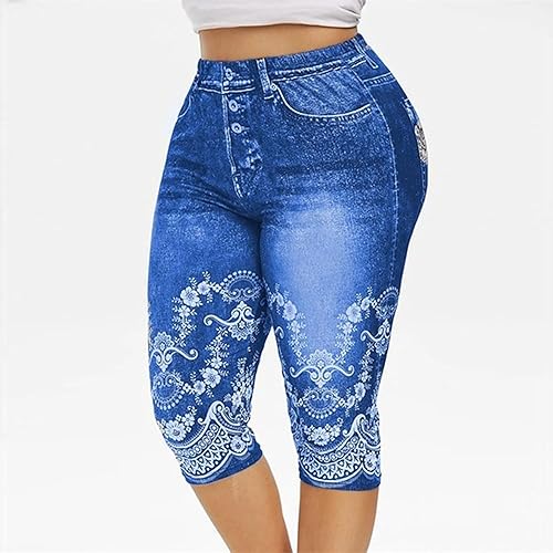 Miniatura 2 de Pantalones capri de mezclilla con estampado de mariposas para mujer, leggings de cintura media, leggings ajustados con bordado de flores