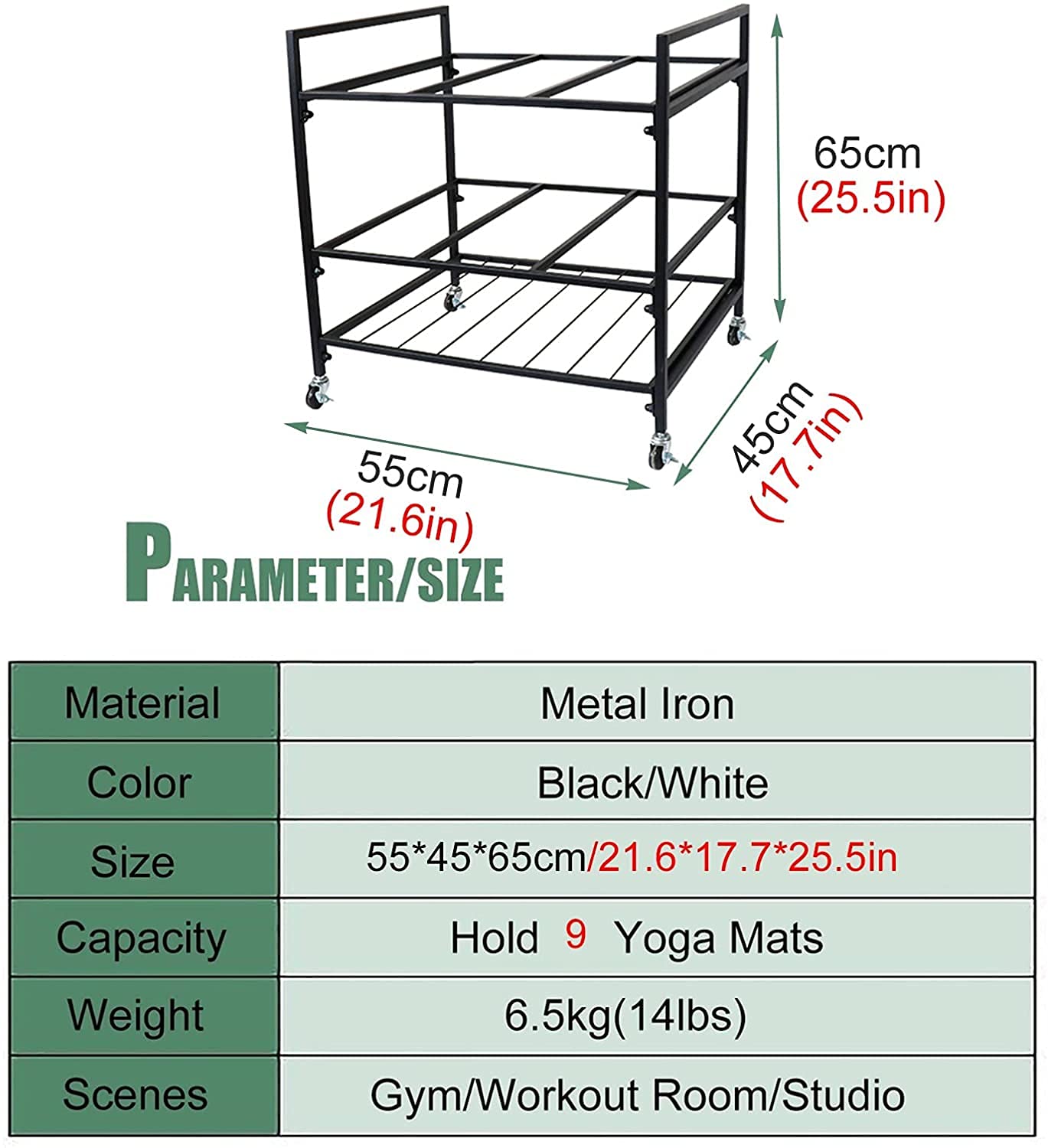 MNBCVT Foam Roller Yoga Mat Stand Holder Cart, Mobile Yoga Column Trolley Storage Rack with Wheels, Gym/Fitness Room Metal Yoga Mat Shelf