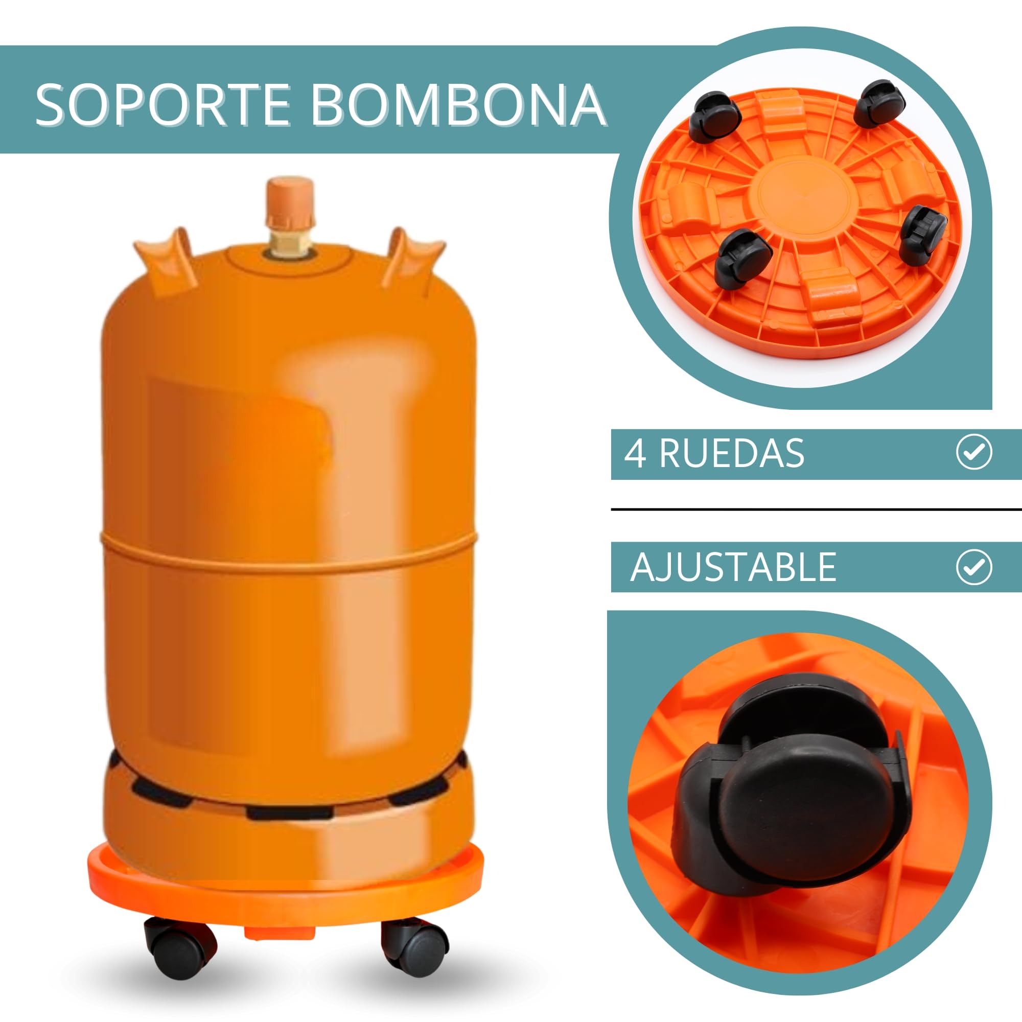 TECHZOCO Soporte para bombona butano Portabombonas Carro Porta bombona Gas Plástico 4 Ruedas 33,5 cm Naranja