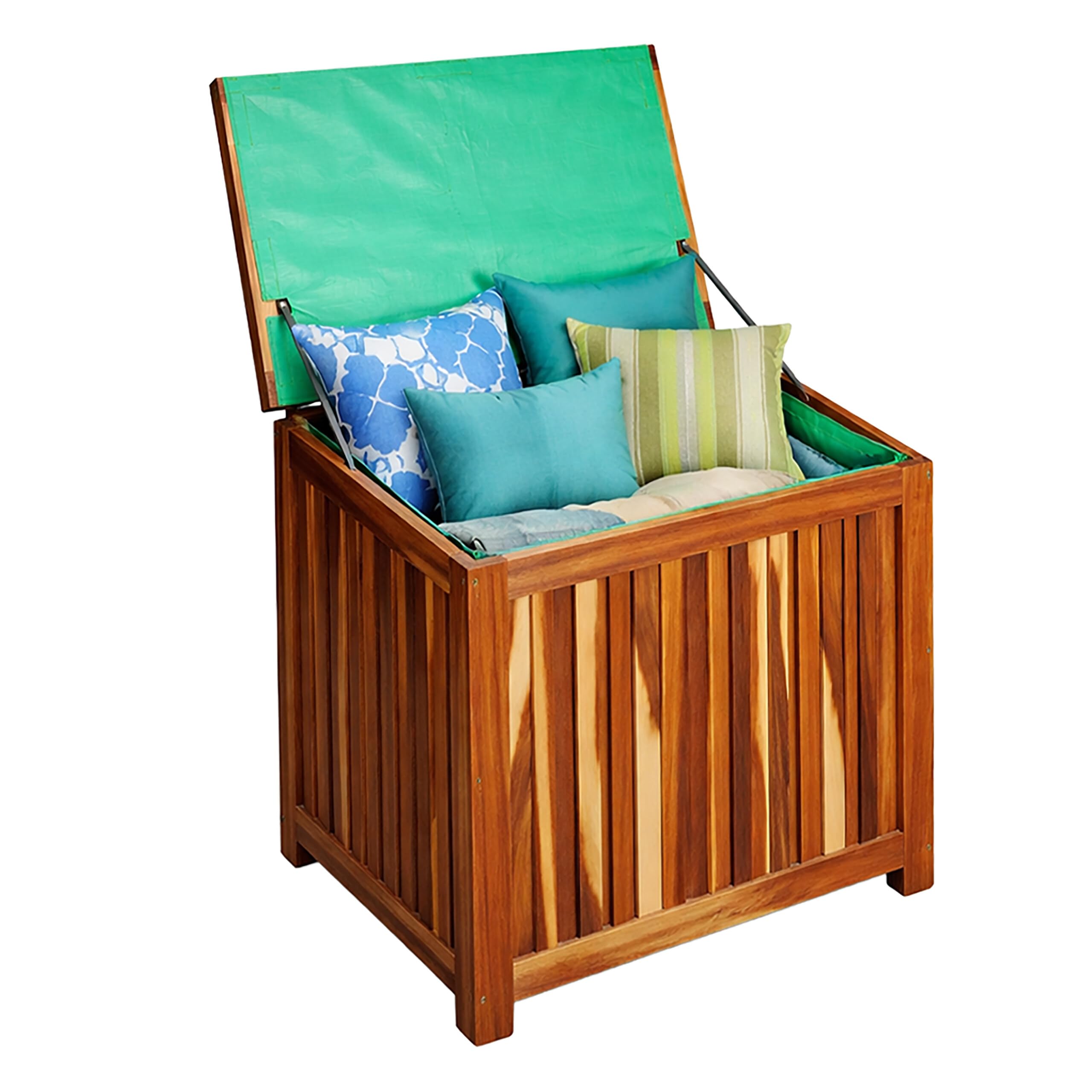 Relaxdays Cassapanca da giardino 60x60x50 cm in legno di acacia, naturale | con fodera impermeabile, cuscini e attrezzi