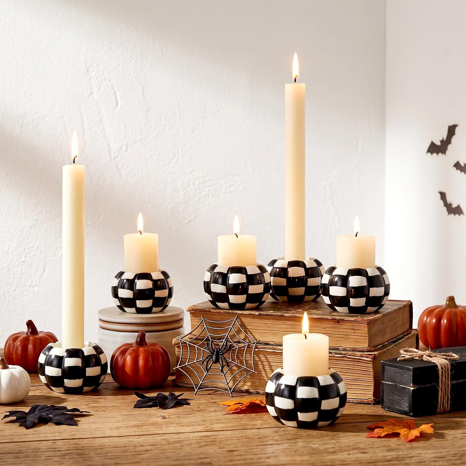 FoldTier 6 Pcs 2-in-1 Pumpkin Candle Holder Set Resin Black and White Checkered Fall Pumpkin Tealight Candlestick Holders for Pillar & Taper Halloween Centerpieces for Tables Home Thanksgiving Decor