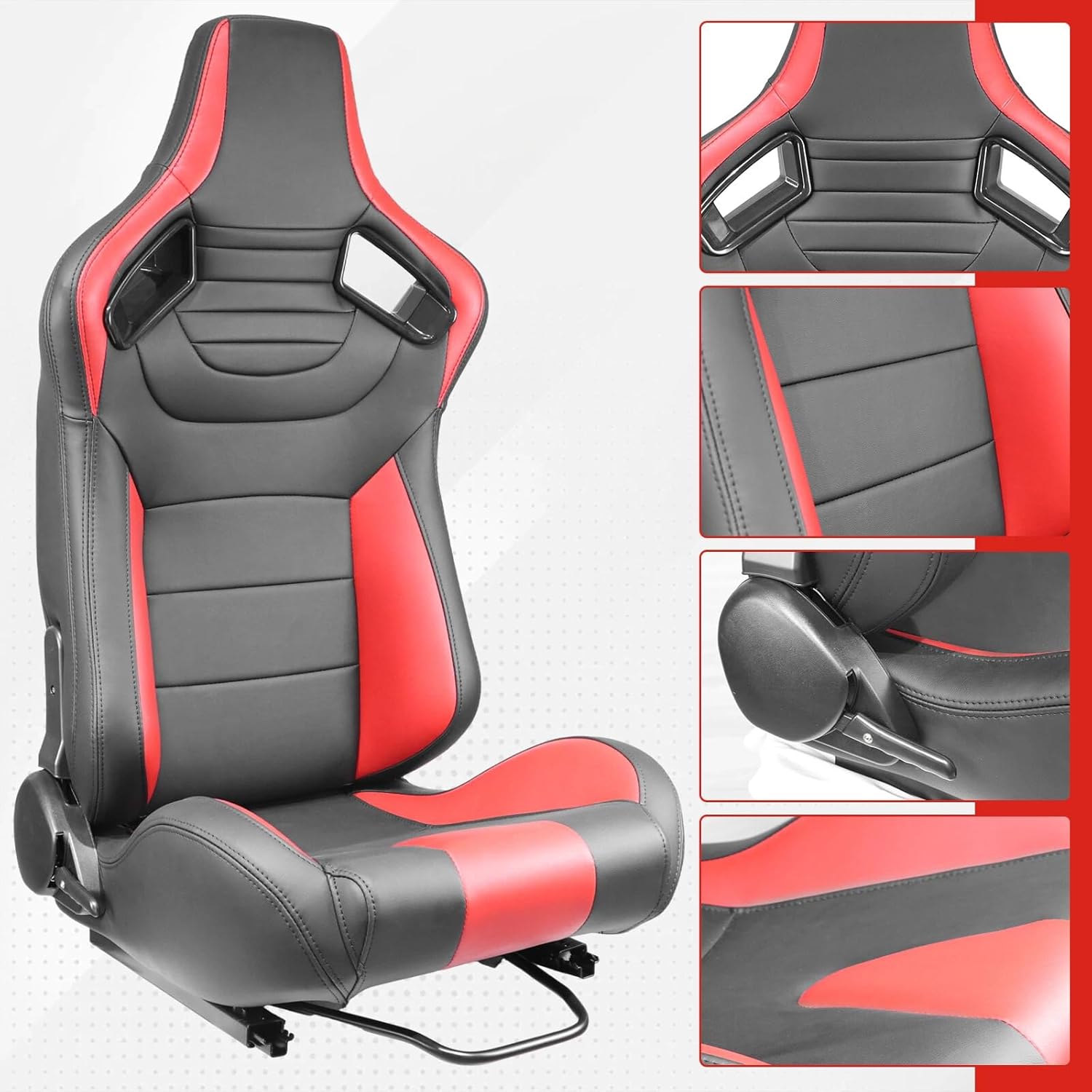 Racing Sports Seats, 2PCS Universal PVC Leather with Mesh Fabric Reclinable Racing Bucket Seats with Dual Sliders, Black with Red Stitching
