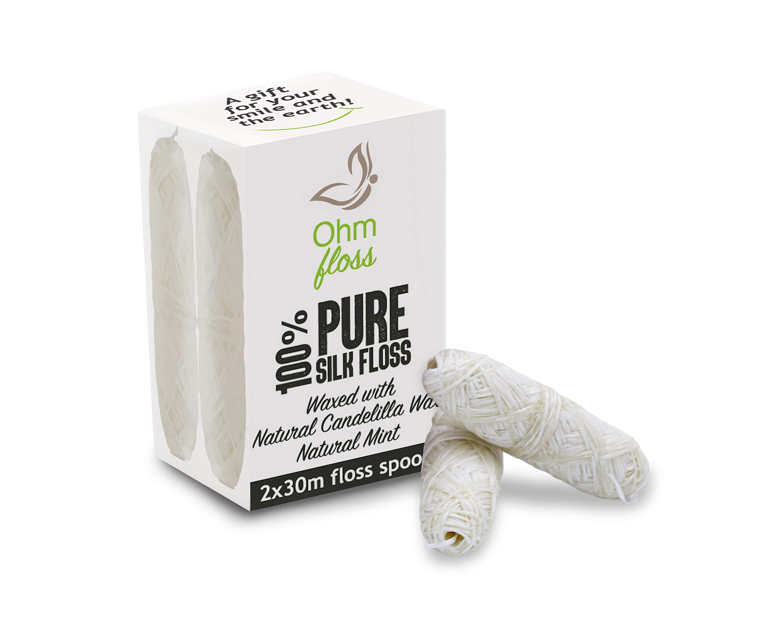 Ohm Earth’s Ohm Floss Refill – Natural Silk Dental Floss for Refillable Bamboo/Steel Holder, Candelilla Wax, 100% Compostable, Eco Oral Care, 109yds/100m (2-Pack) Natural Mint