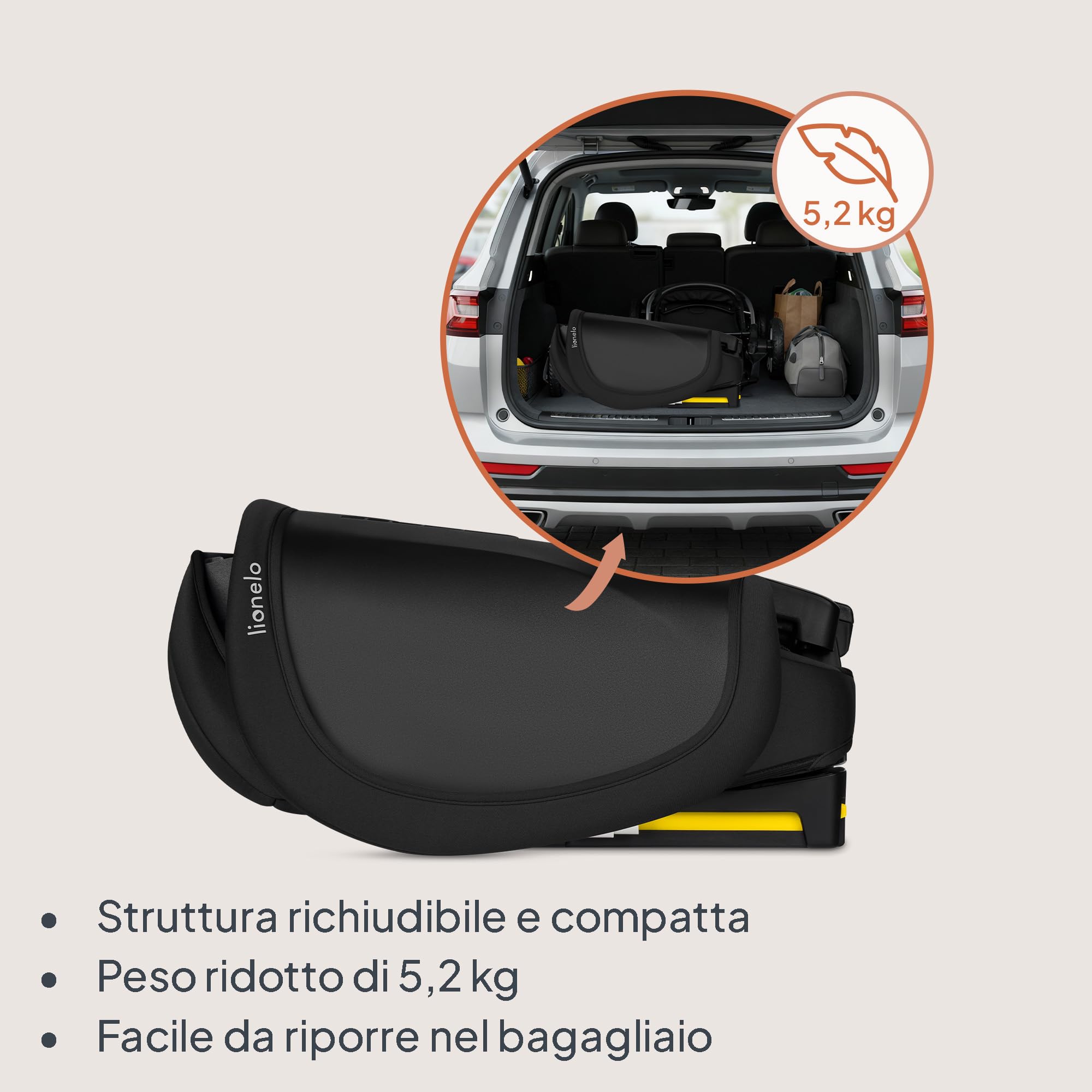 Lionelo Seggiolino Auto Pieghevole ORIN I-SIZE con ISOFIX per bambini | 3,5-12 Anni,Reclinabile 4 Posizioni,Poggiatesta 14 Posizioni, Sfoderabile Lavabile, Borsa e Portabicchiere, i-Size 100-150 cm