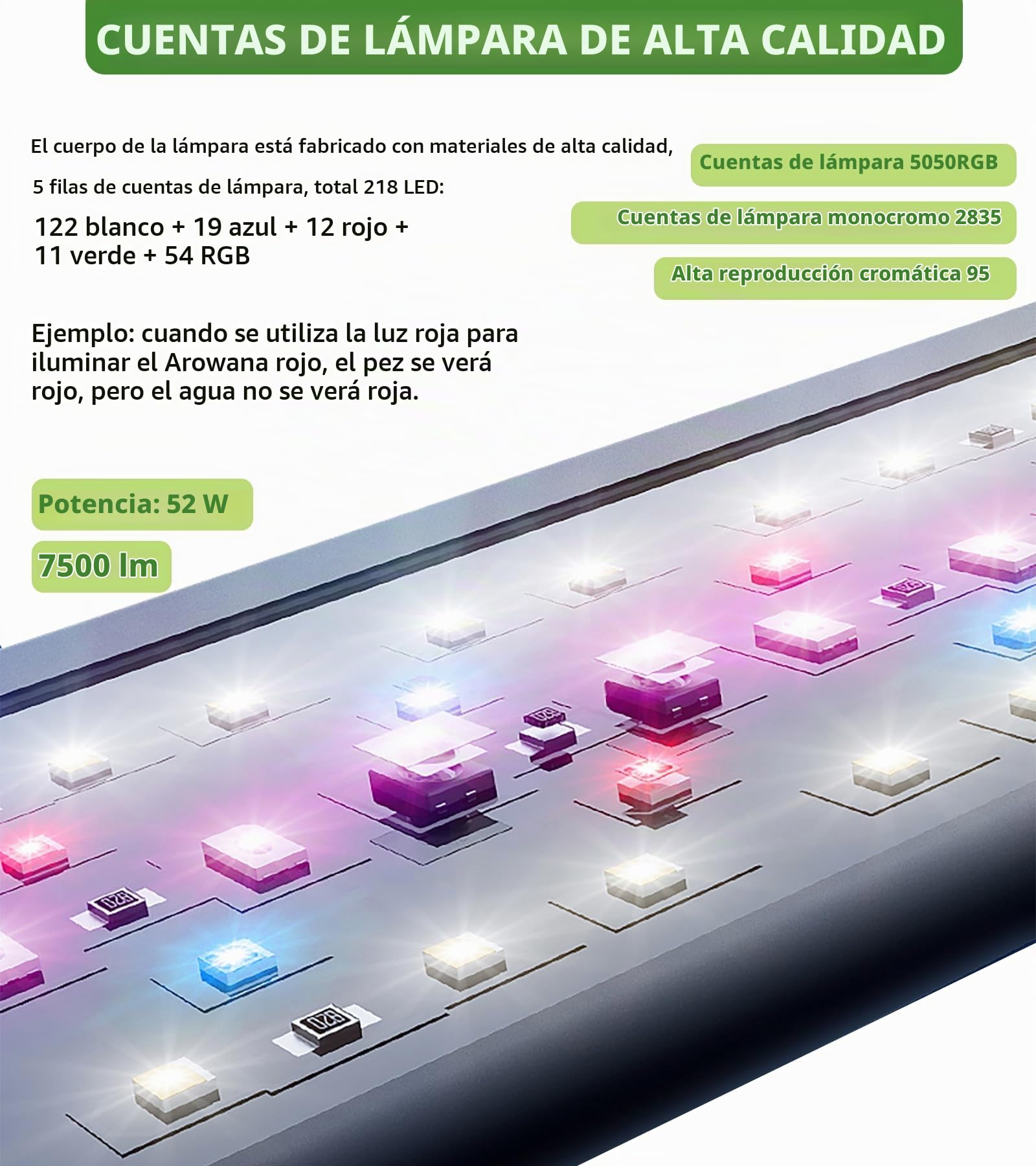 Luz de Acuario LED, 52W RGBW Luz de Tanque de Peces de Espectro Completo, Luz de Tanque de 6500K con Temporizador, Brillo Ajustable 116-140cm Alu Soportes Extensibles Lámpara de Acuario