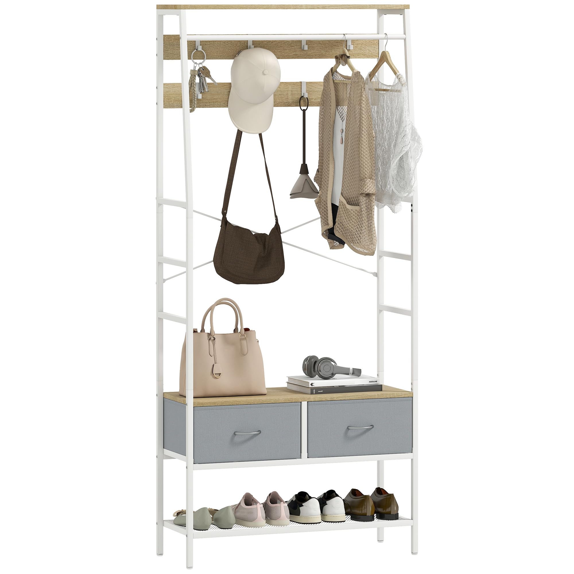 HOMCOM Perchero Zapatero Perchero Entrada Recibidor con Zapatero 8 Ganchos 2 Cajones de Tela Barra Estante de Malla Estilo Industrial para Colgar Ropa Pasillo Dormitorio Salón 80x30x180,5 cm Natural