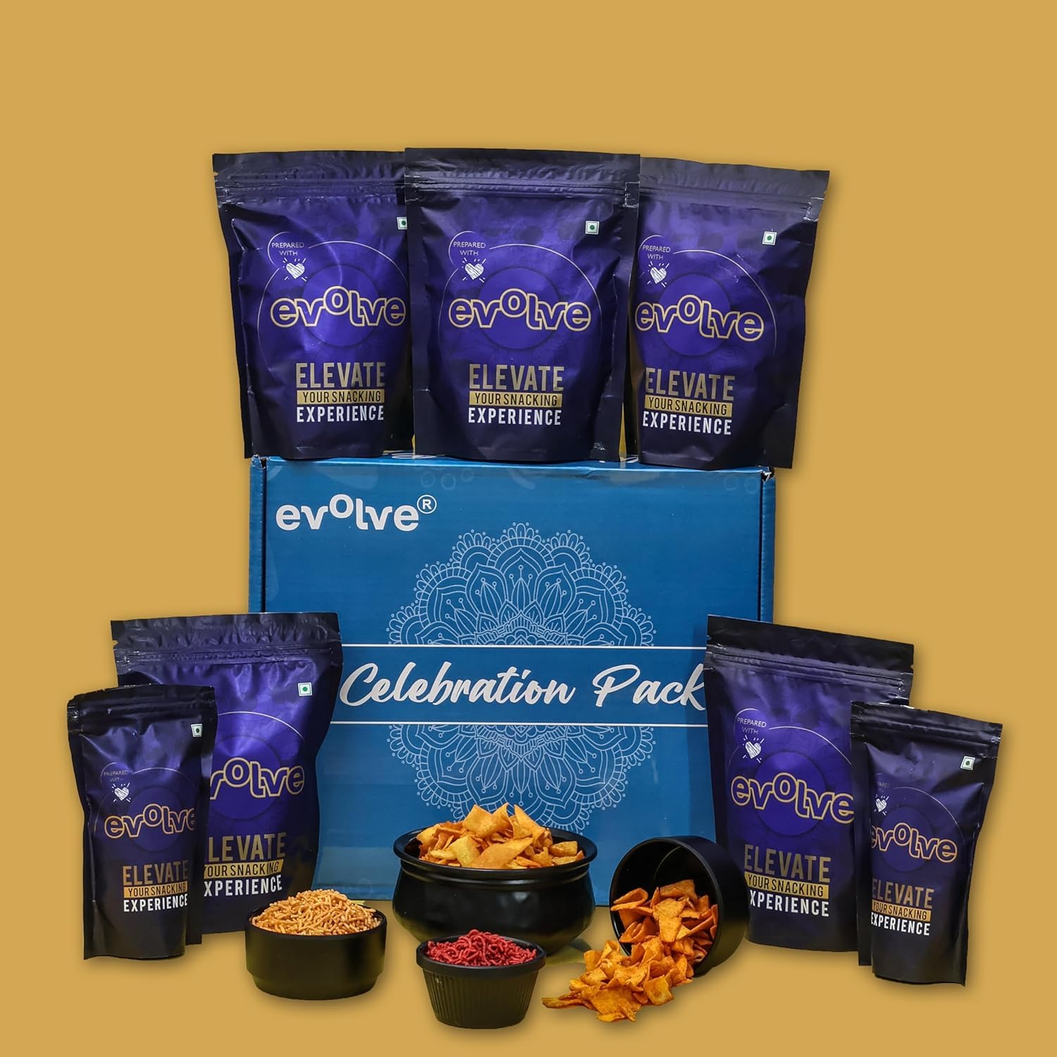 evolve jhalmuri, oats bhujia, soya corn chips, ragi chips, moong dal chips, beetroot bhujia and quinoa chips | healthy snack pack of 7 | diwali gifting | diwali hamper (50gm each)