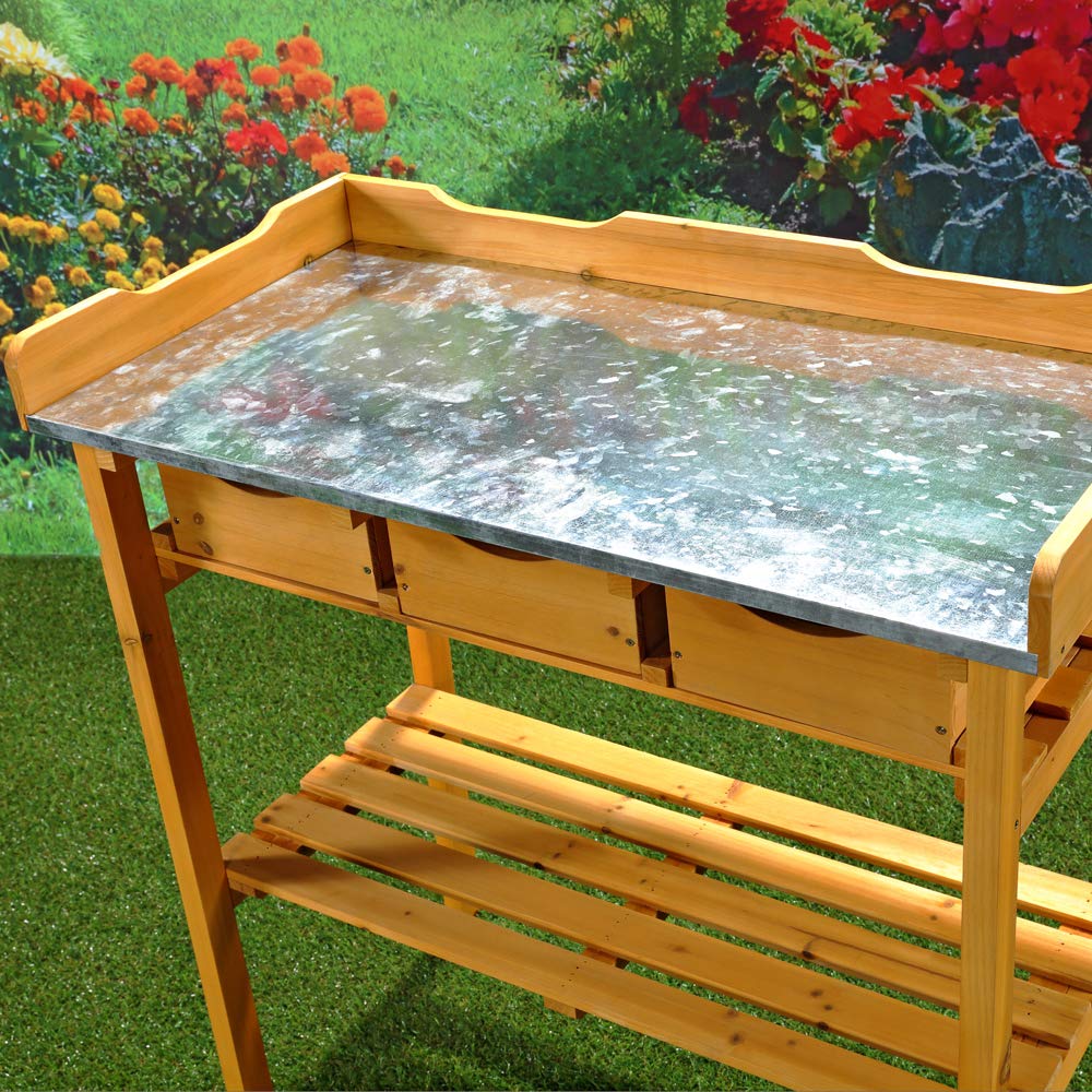 Melko Gartenarbeitstisch Gartentisch Pflanzentisch mit DREI Schubladen im Landhausstil aus Fichtenholz für den Außenbereich, 80 x 40 x 82 cm, Honigton Braun