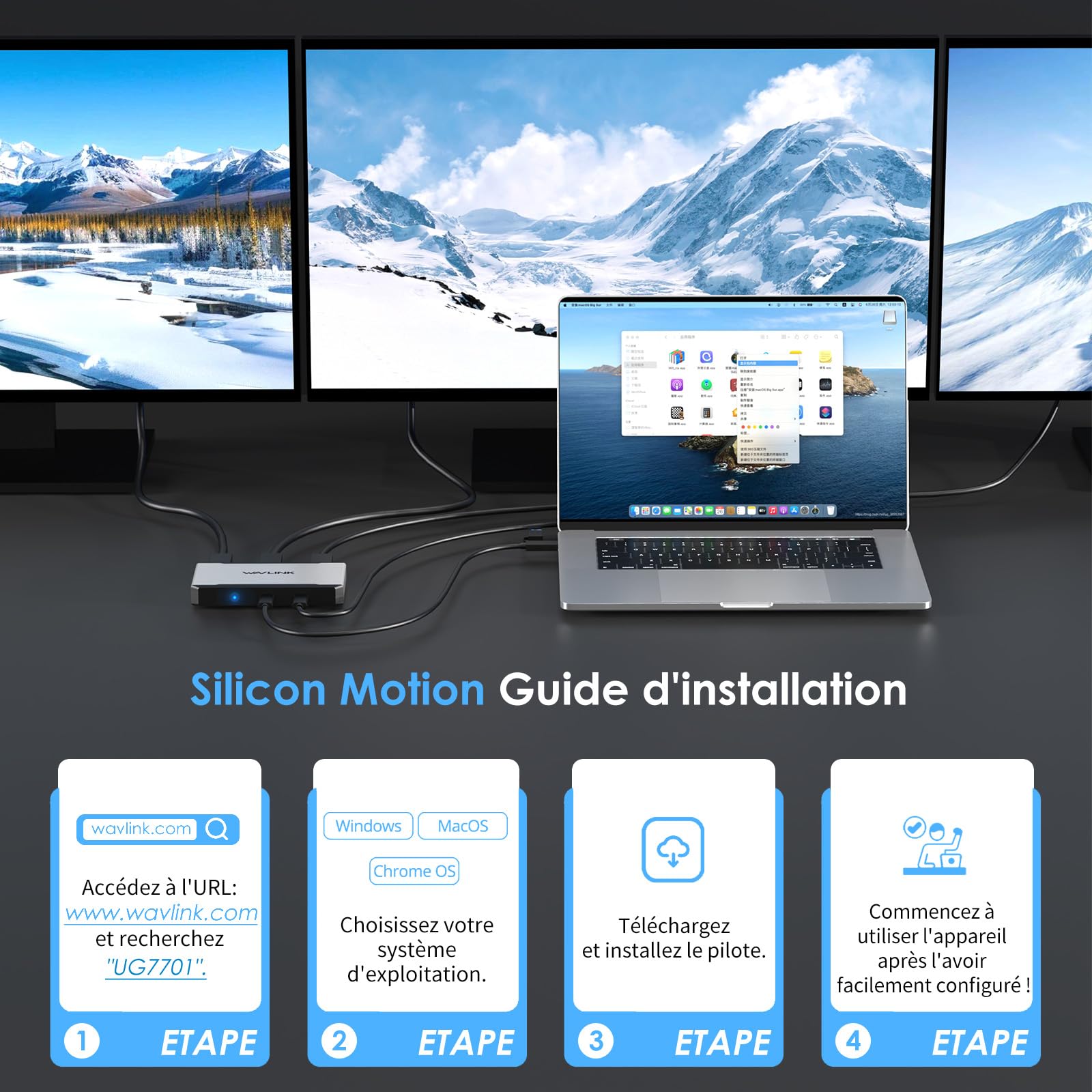 WAVLINK Station d'accueil pour 3 moniteurs, Adaptateur Triple Moniteur pour systèmes macOS Hôtes Type-C&A, 100W PD in, 3 HDMI 2 DP Disponibles,Triple 4K@60Hz,Pilote SMI et hôte USB3.2 Gen 2 requis