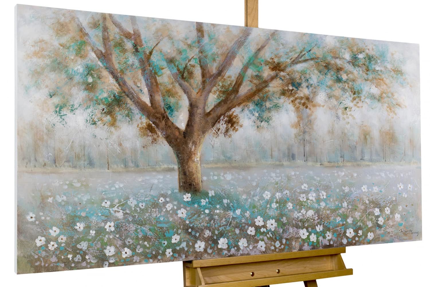 Kunstloft Cuadro decorativo | 100% PINTADO A MANO | 140x70cm | Pintura 'El susurro de los árboles' | Bosques y árboles | Blanco Marrón | Cuadro moderno en lienzo