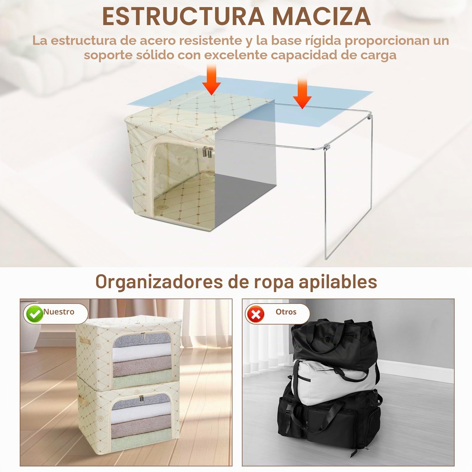 Cozary Cajas Almacenaje Ropa con Marco de Metal 2 Piezas 66L,Organizador Armario Apilable, Bolsas Almacenaje Ropa con Asa Reforzada y Ventanas Transparentes Adecuado, Para Edredones, Colchas