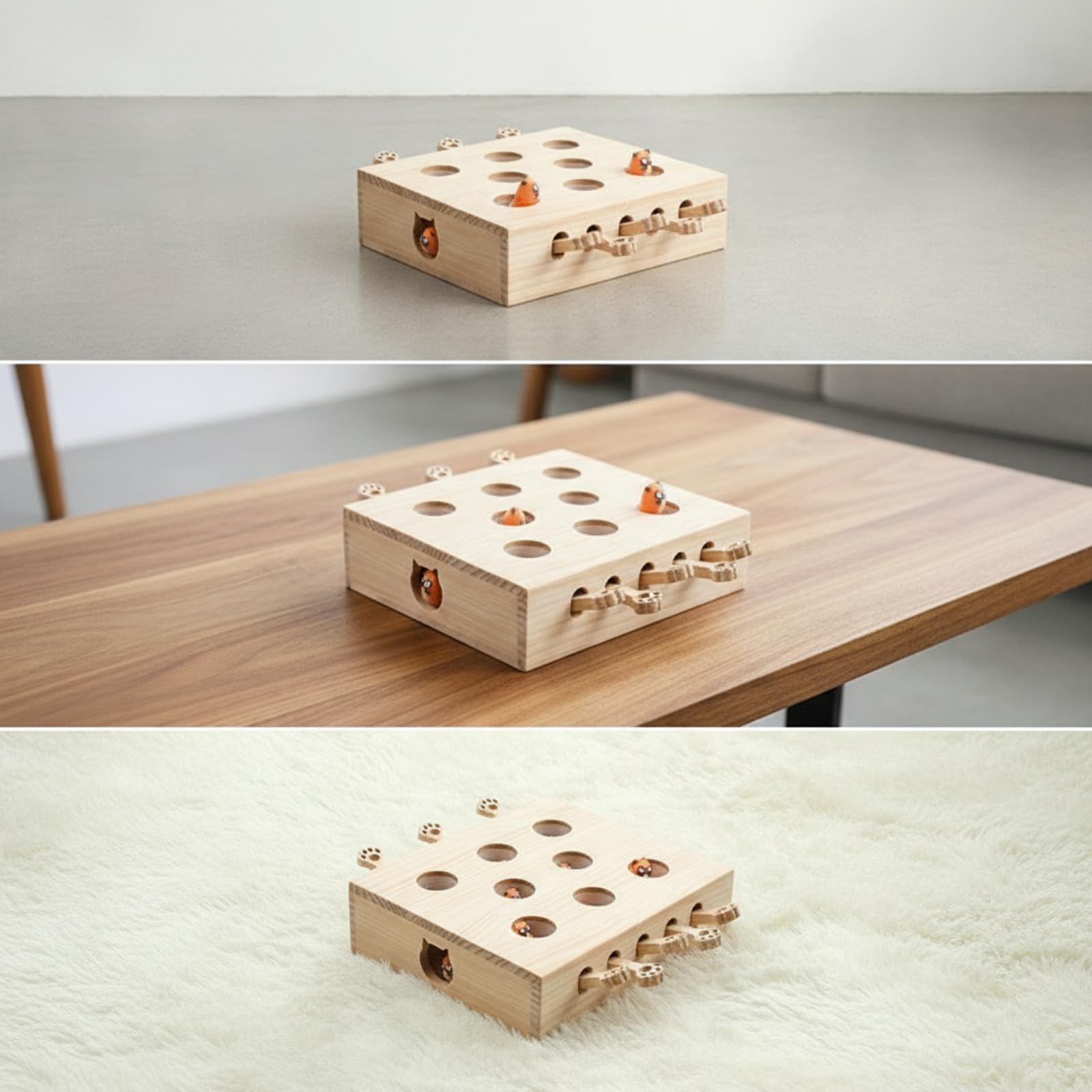 Colcolo Interaktives Katzenspielzeug Holz Katzen Aktivitätsspiel Box Spielzeug mit Spielöffnungen Oben Und Seitlichen Katzenkopf Ausschnitten Kontrollierbare, Style to 2