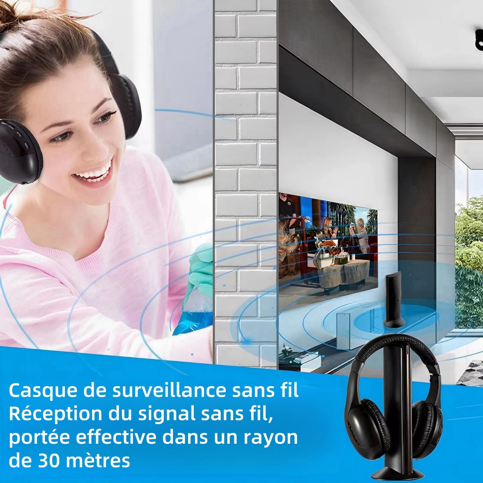 Casque TV sans Fil, Casque sans Fil avec Base éMettrice, Casque TV sans Fil avec Fonction Radio FM pour Personnes âGéEs, Prise en Charge des Ports De Sortie Audio RCA, Aux, Optique et Coaxial