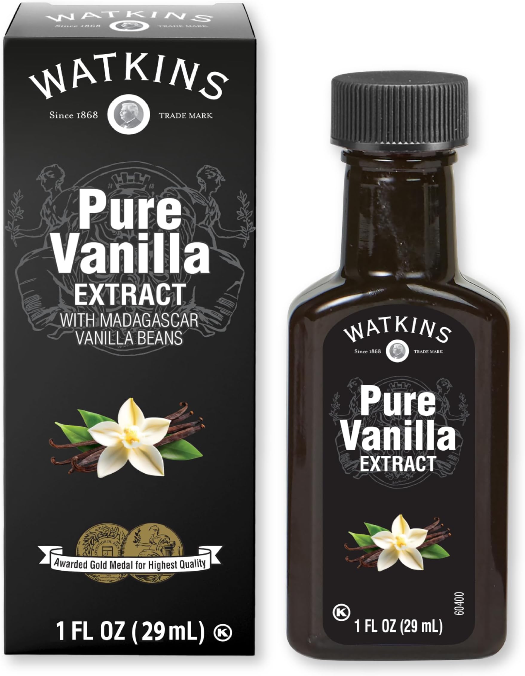 Watkins Pure Vanilla Extract, with Madagascar Vanilla Beans, Non-GMO, Kosher, 1 oz. Bottle, 1-Pack