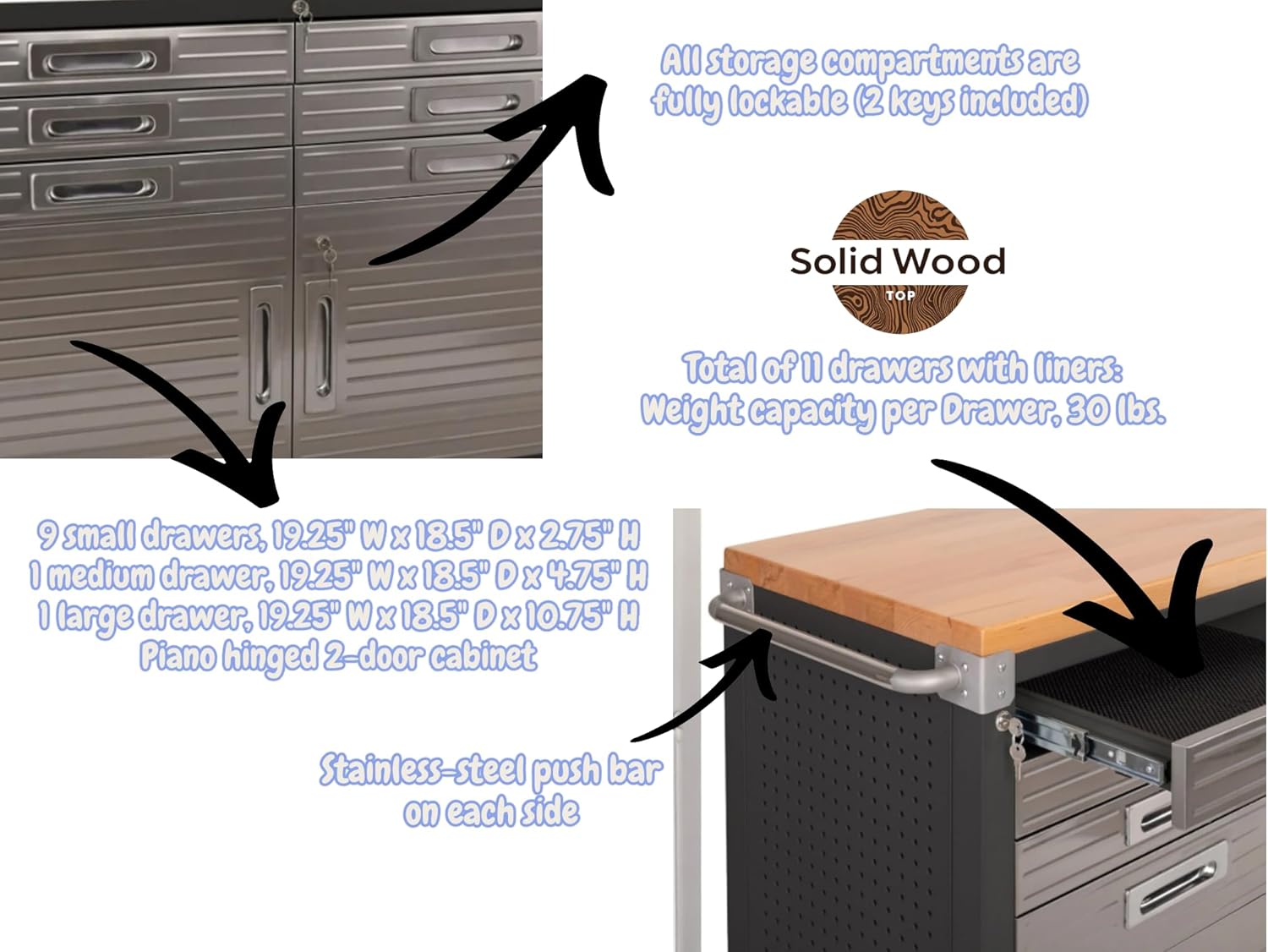 Heavy-Duty Rolling Workbench with Drawers and Cabinet, 77" W x 20" D x 37.5" H, (Graphite, 11 Drawer)