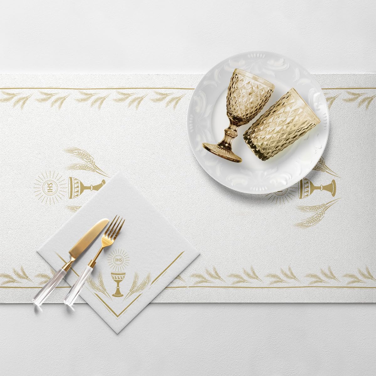PAW bieżnik na stół (40 x 2400 cm) dekoracja stołu na komunię, bierzmowanie, ślub, urodziny, przyjęcie w ogrodzie, chrzest dekoracje stołu I moja pierwsza komunia złota